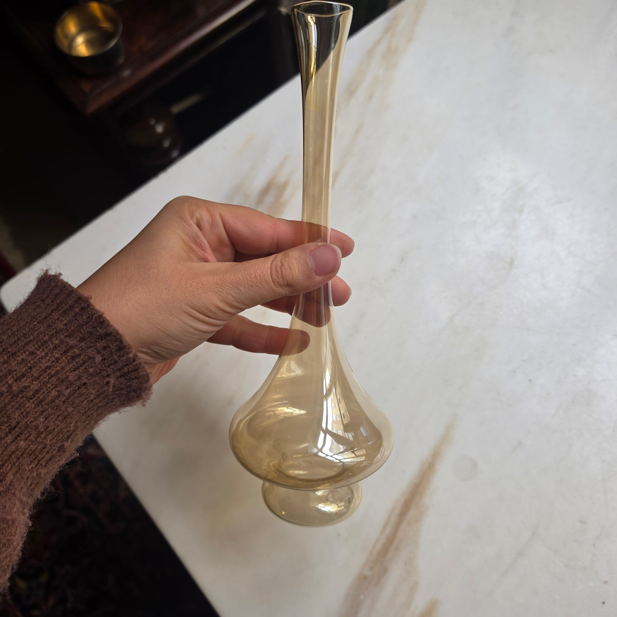 Elegante Vintage Solitär-Glasvase – Bernstein / Champagner mit schimmerndem Glanz