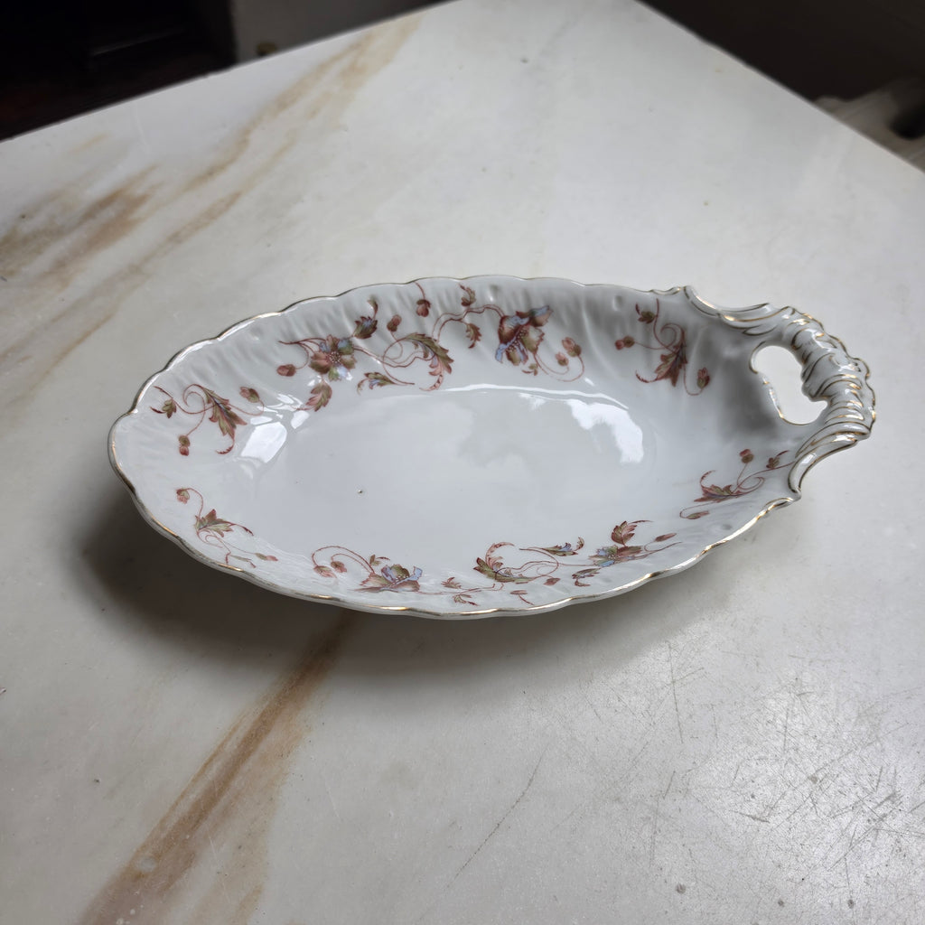 Antike Porzellan-Anbietschale mit floralem Dekor & Goldrand – Vintage Servierschale - Oval