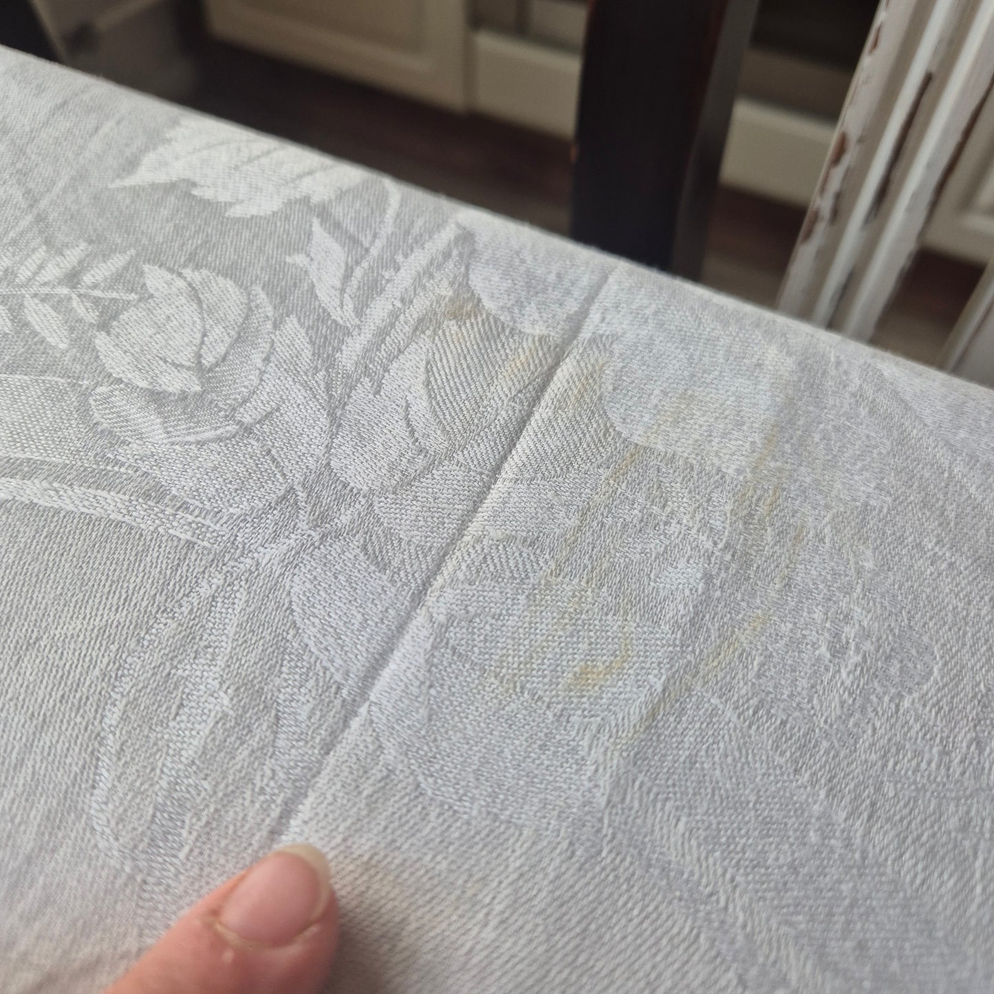 Antike Jugendstil Damast Baumwolle Tischdecke Weiß 160x160cm Rosenmuster