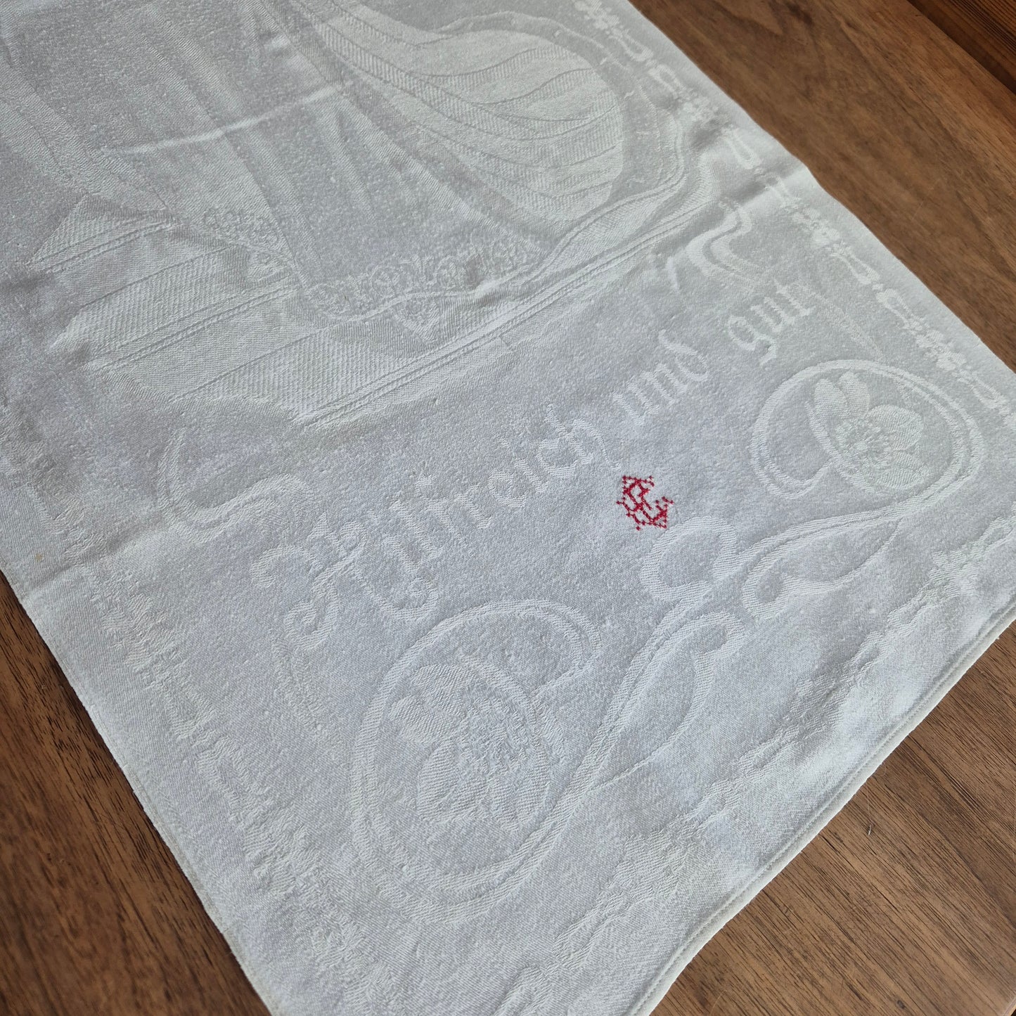 Antikes Jugendstil Küchen-&Geschirrtuch mit Spruch: "Edel sei der Mensch,hilfreich und gut" Damast weiß Baumwolle 46x100cm