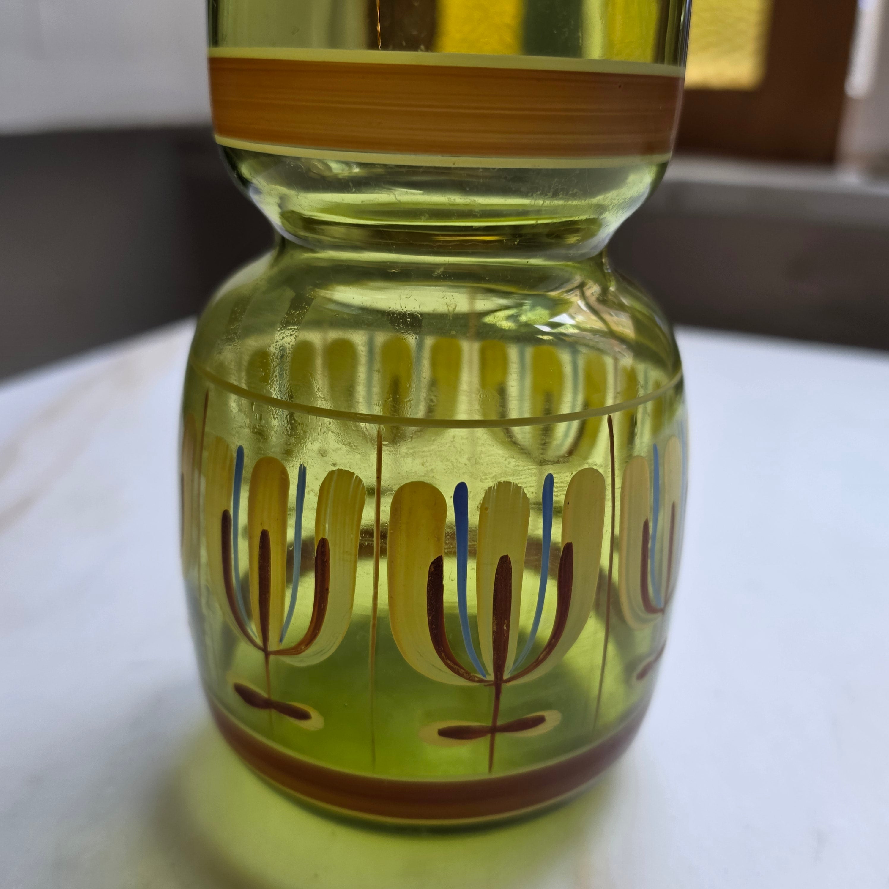 Vintage Retro  Glasvase - transparent grün - 70er Jahre - handbemalt