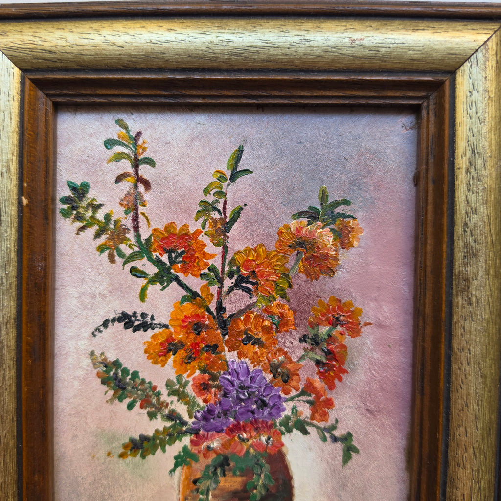 Vintage Ölgemälde Blumenstillleben – Signiert Wilh. Wiemann 1985 – Im edlen Holzrahmen mit Goldleiste