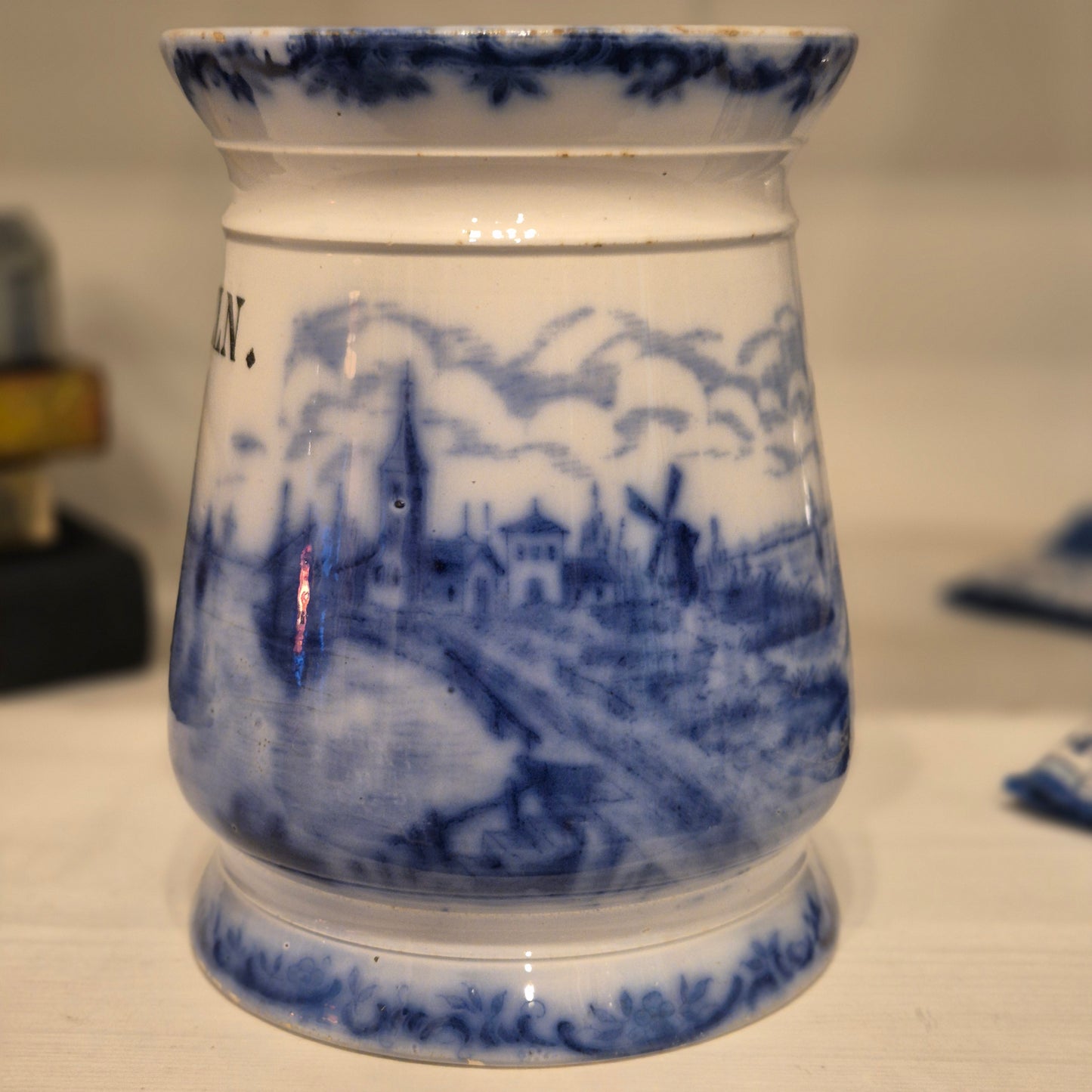 Antike H.H & Cie Delft Vorratsdose ohne Deckel blau weiß 120Jahre alt Kochlöffelhalter Aufschrift "Nudeln"