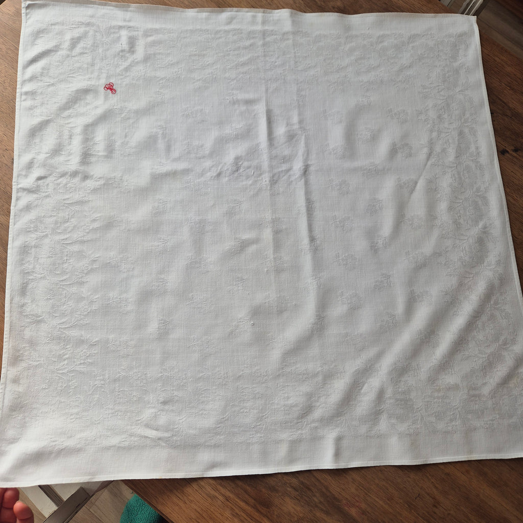 Antike Serviette / Mitteldecke weiß Damast Baumwolle 70x63cm Monogramm S.M