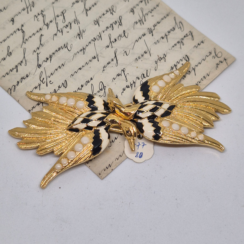Vintage Gürtelschnalle 2-Teilig Trachtenschnalle Taillengürtel aus den 80ern-Handmade aus Berlin gold schwarz weiß Schwan Kranich Vogel