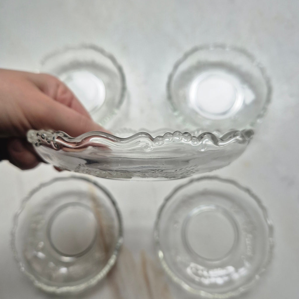 5x Vintage Glas oder Bleikristall Schalen Kuchen Teller Blumenmuster