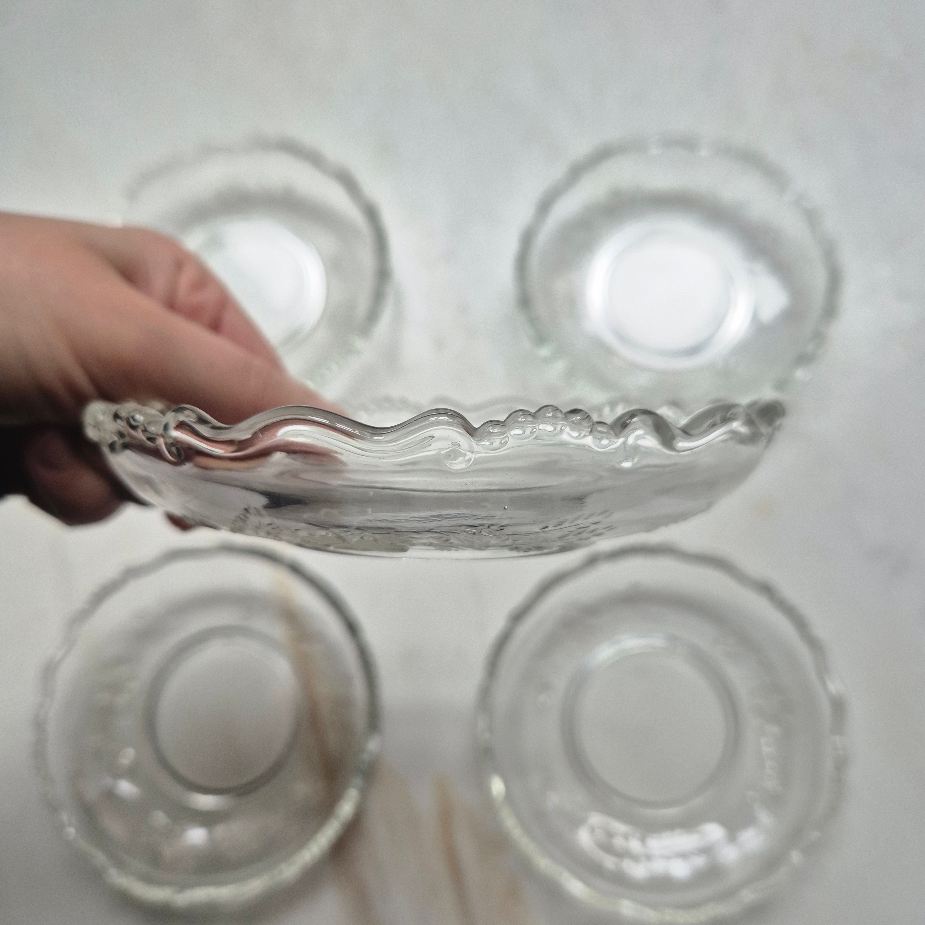 5x Vintage Glas oder Bleikristall Schalen Kuchen Teller Blumenmuster