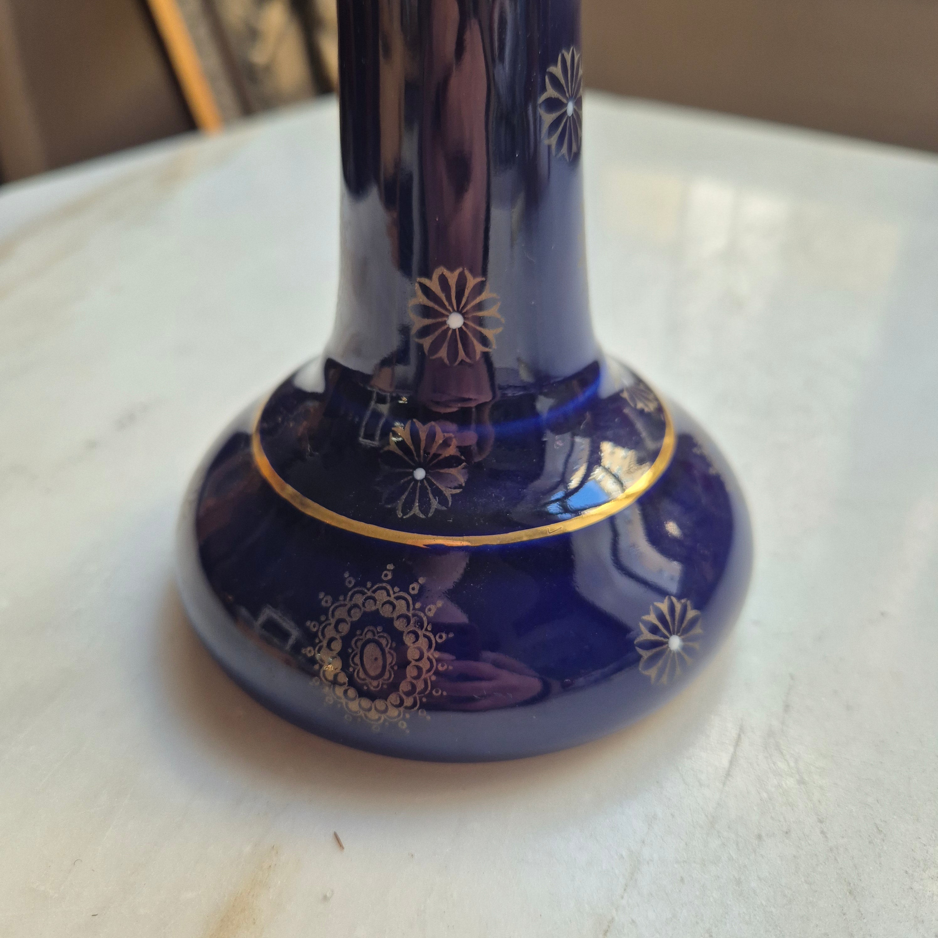 Antiker Kerzenhalter Porzellan Kobalt blau gold