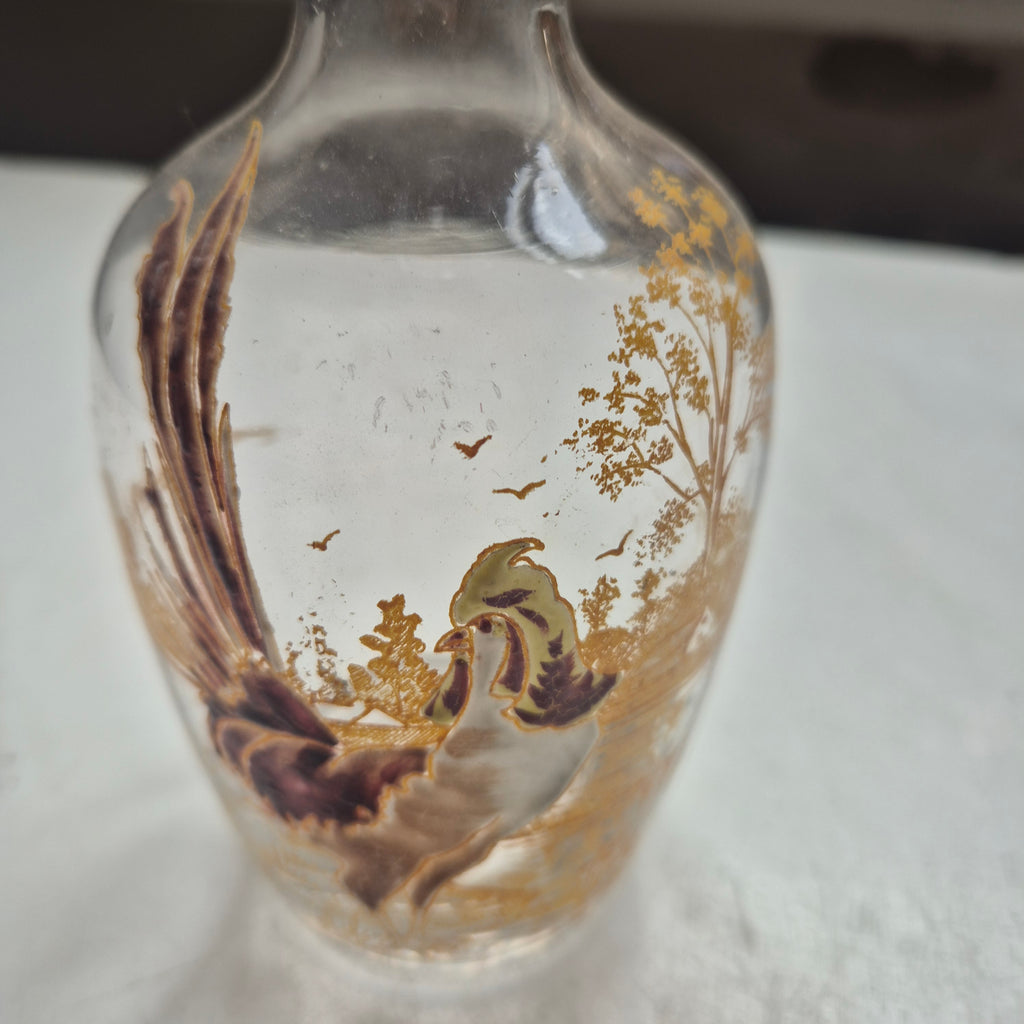 Antike Jugendstil Karaffe Glas Emaillemalerei aus Frankreich Hahnmotiv