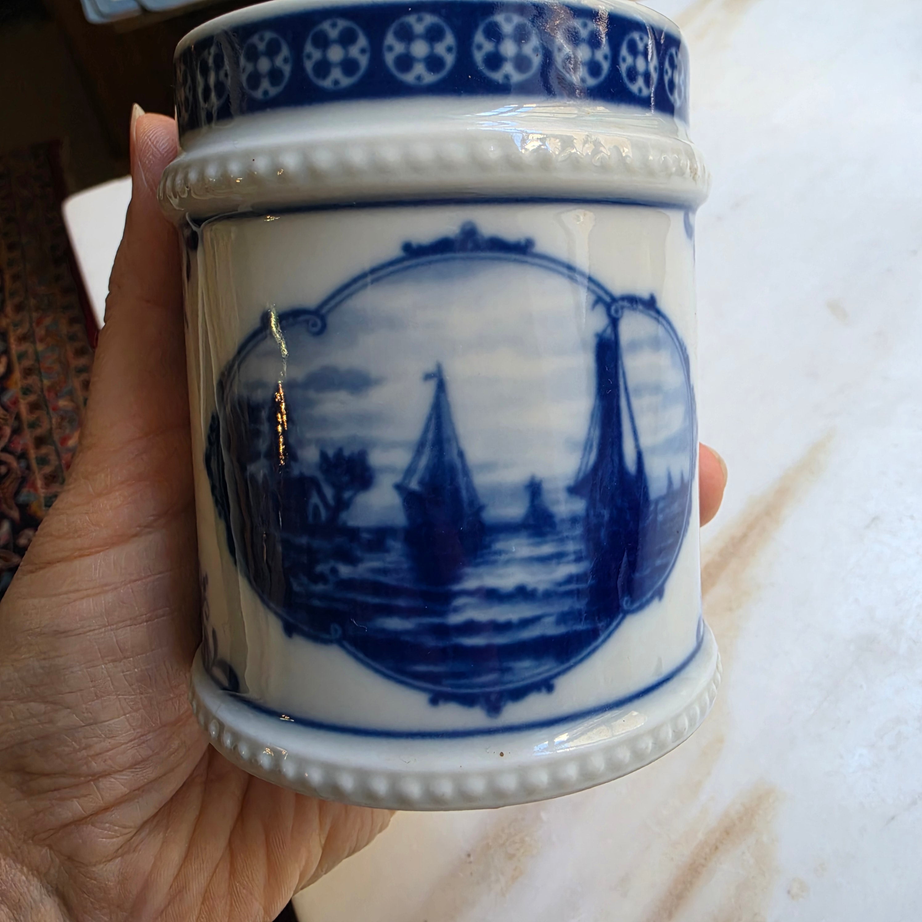 Alte Porzellan Deckeldose Echt Kobalt Fine China Lichte Schiffsmotiv Mühle Hafen