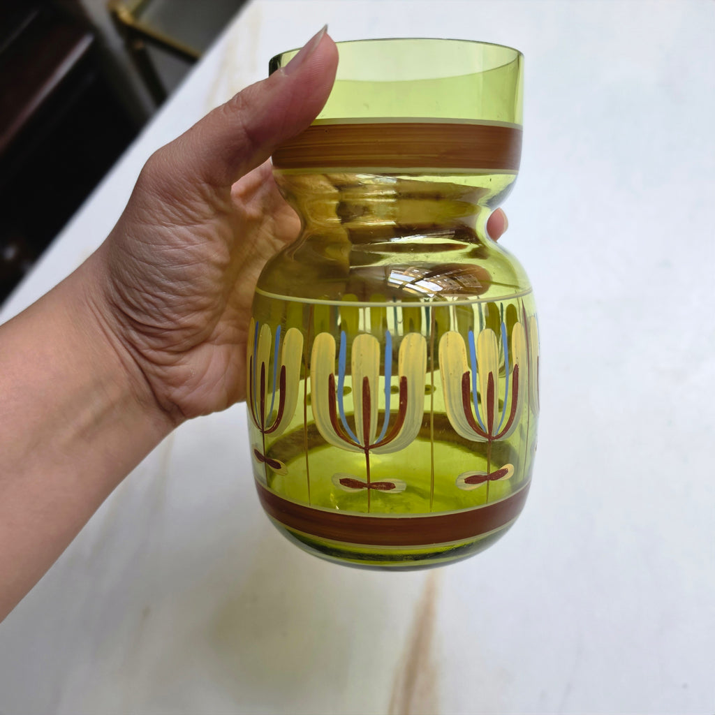 Vintage Retro  Glasvase - transparent grün - 70er Jahre - handbemalt