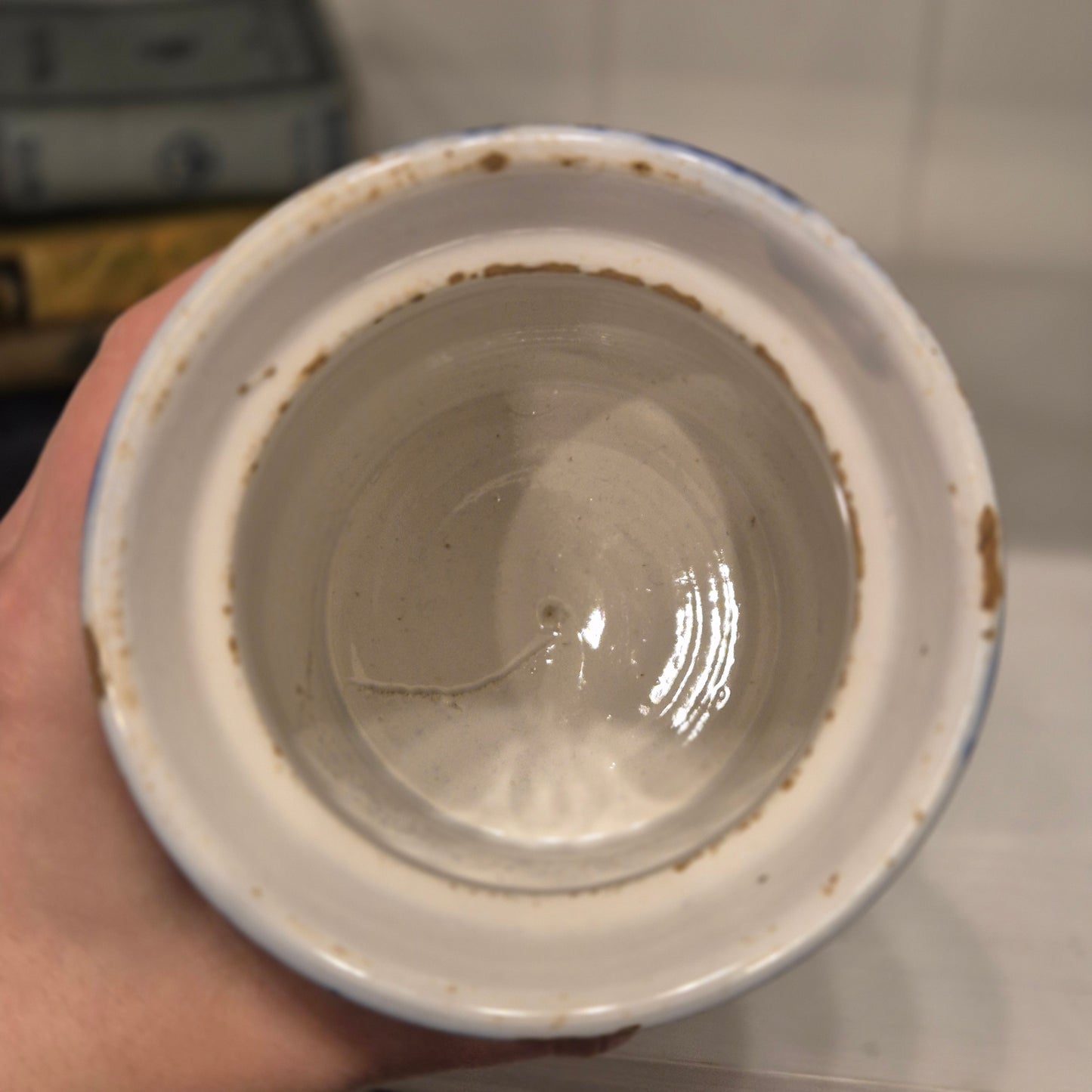 Antike H.H & Cie Delft Vorratsdose ohne Deckel blau weiß 120Jahre alt Kochlöffelhalter Aufschrift "Bohnen"