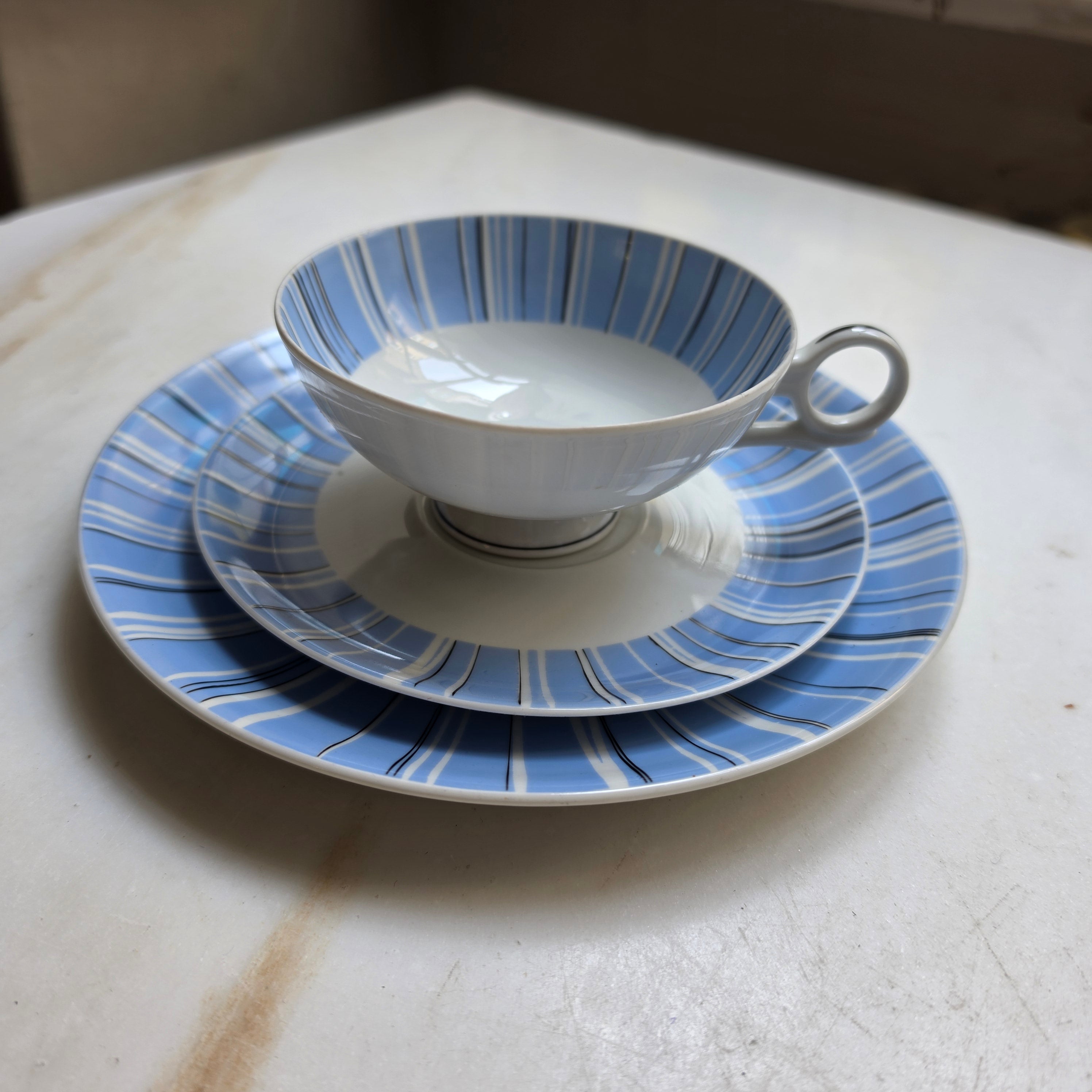 Vintage Wallendorf Porzellan Gedeck 3-teilig – 50er/60er Mid-Century Streifendekor Hellblau