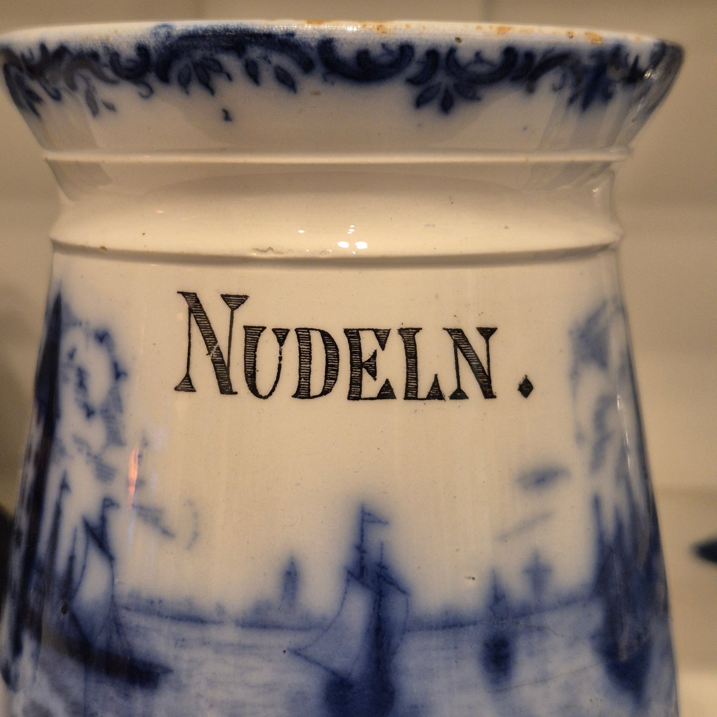 Antike H.H & Cie Delft Vorratsdose ohne Deckel blau weiß 120Jahre alt Kochlöffelhalter Aufschrift "Nudeln"
