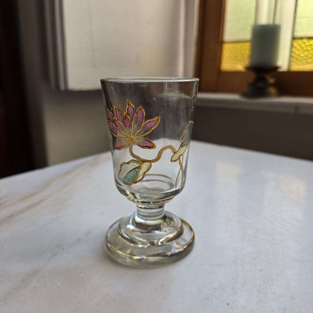 Antikes Jugendstil Likörglas / Schnapsglas – Handgemalt mit Emaille-Dekor & Goldstaffage - um 1900