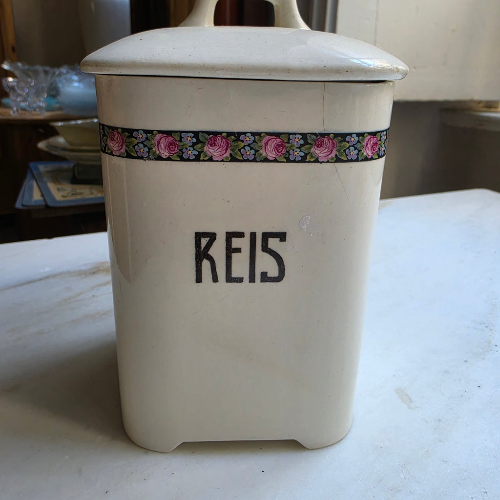 Antike Vorratsdose Jugendstil Keramik mit Aufschrift "Reis"
