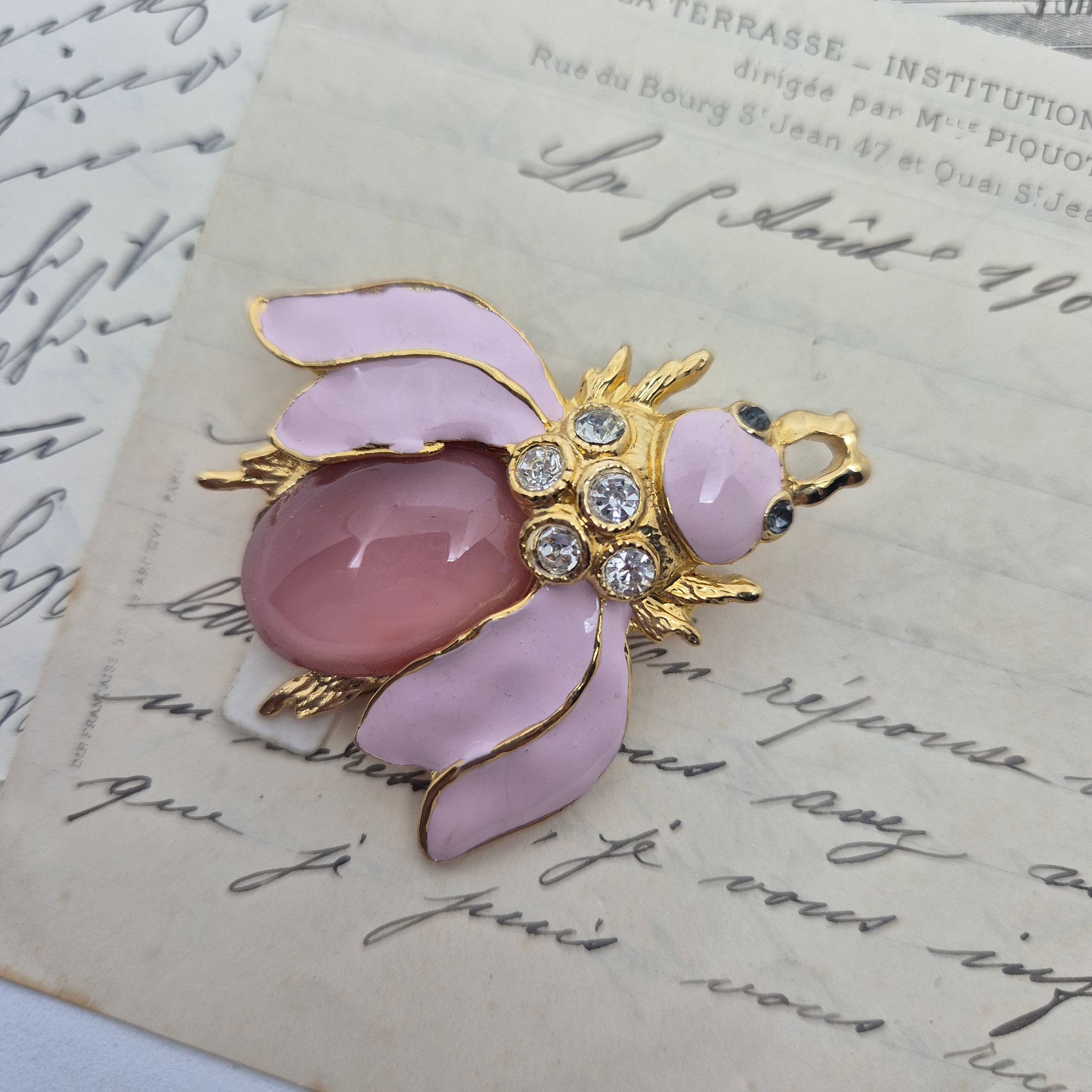 50er Jahre Vintage Brosche großer Käfer Biene Rosa Gold Strass 5cm