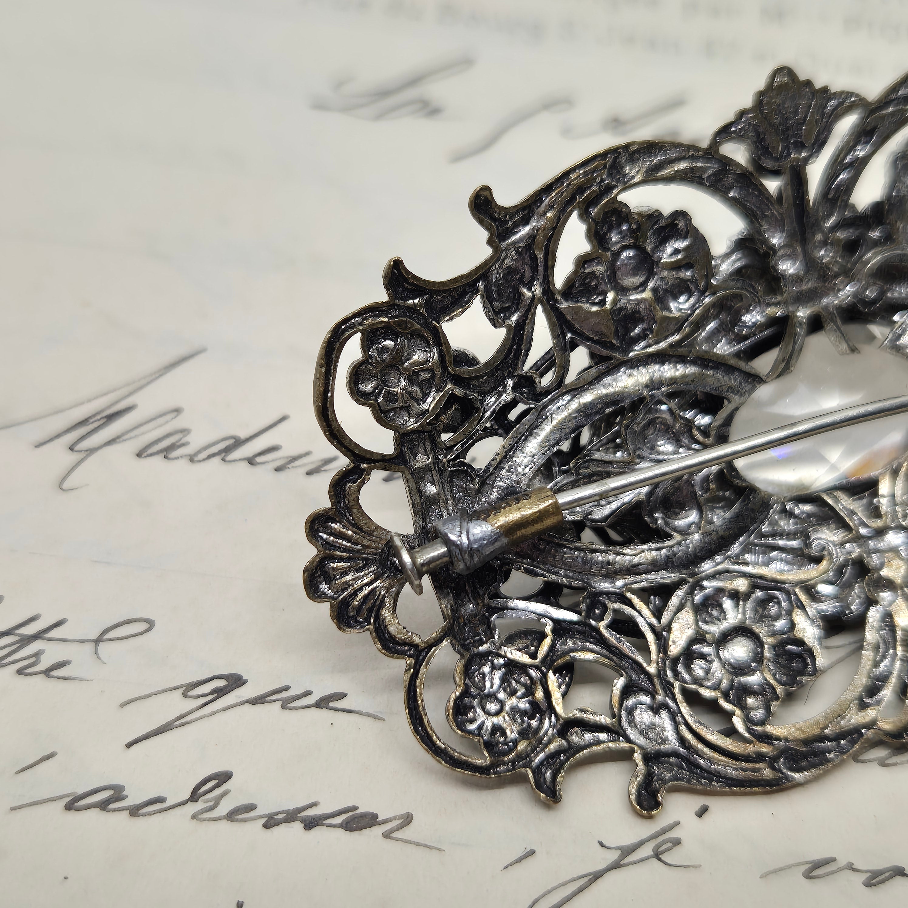 Große Antike Brosche Jugendstil 30er Jahre Strass Silber