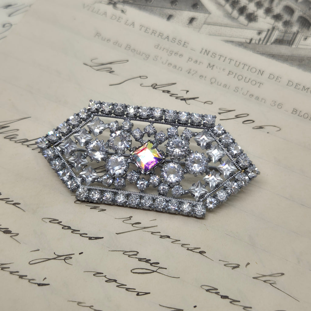 50er Jahre Vintage Brosche Glitzer Strass Silber Art Deco Rosa