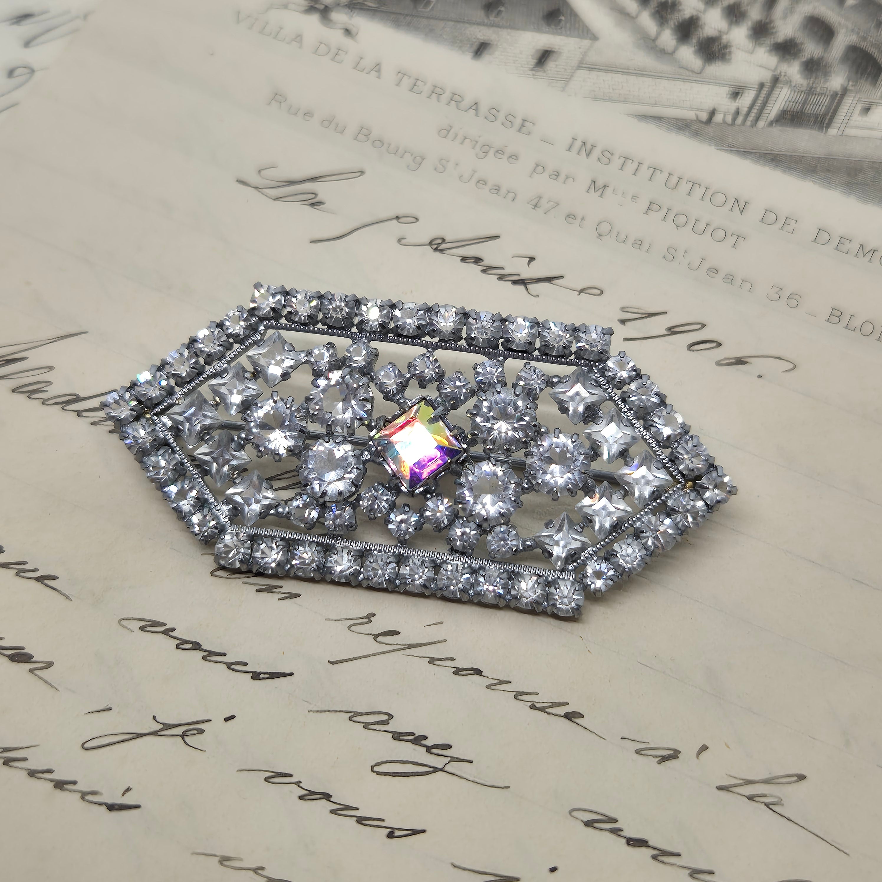 50er Jahre Vintage Brosche Glitzer Strass Silber Art Deco Rosa