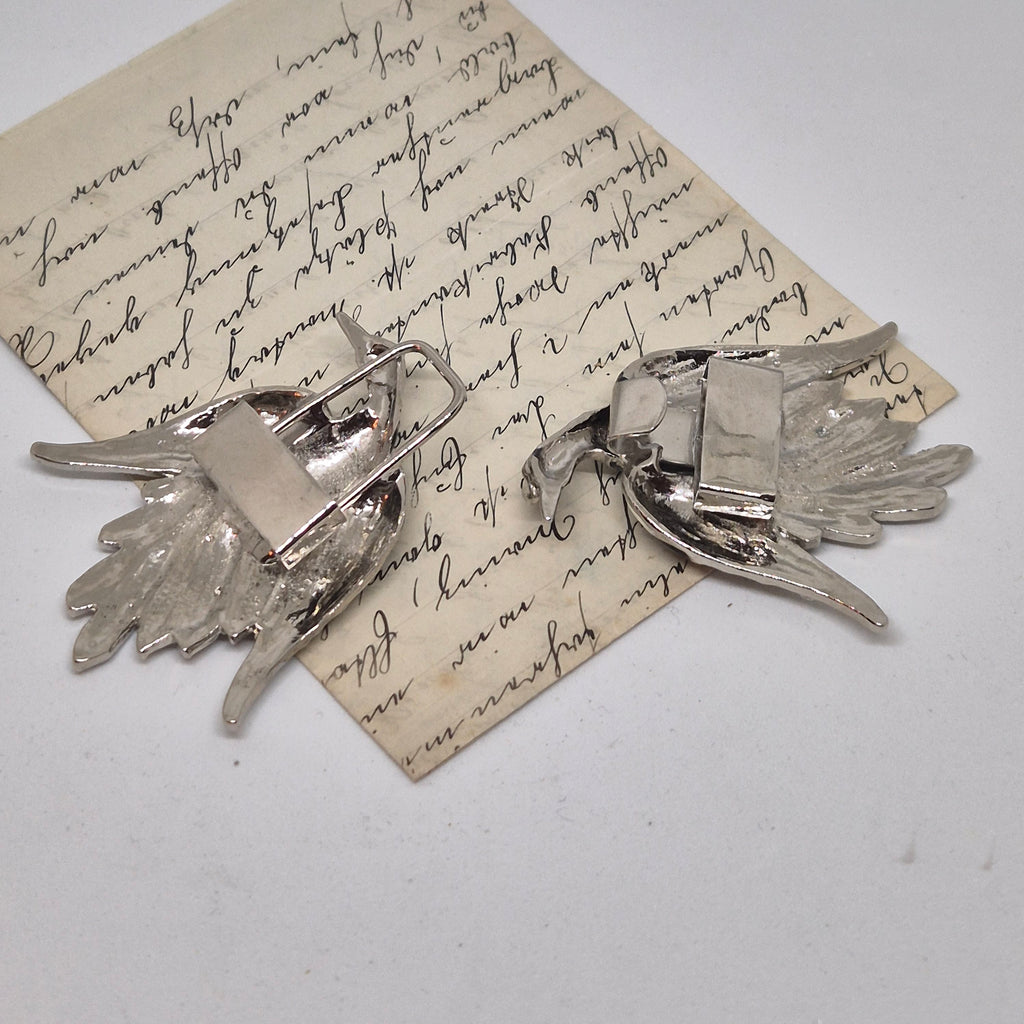 Vintage Gürtelschnalle 2-Teilig Trachtenschnalle Taillengürtel aus den 80ern-Handmade aus Berlin silber weiß schwarz Schwan Kranich Vogel