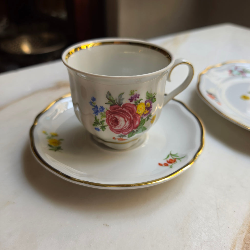 Vintage Schirnding Bavaria 3-teiliges Kaffeegedeck – Romantisches Blumendekor mit Goldrand