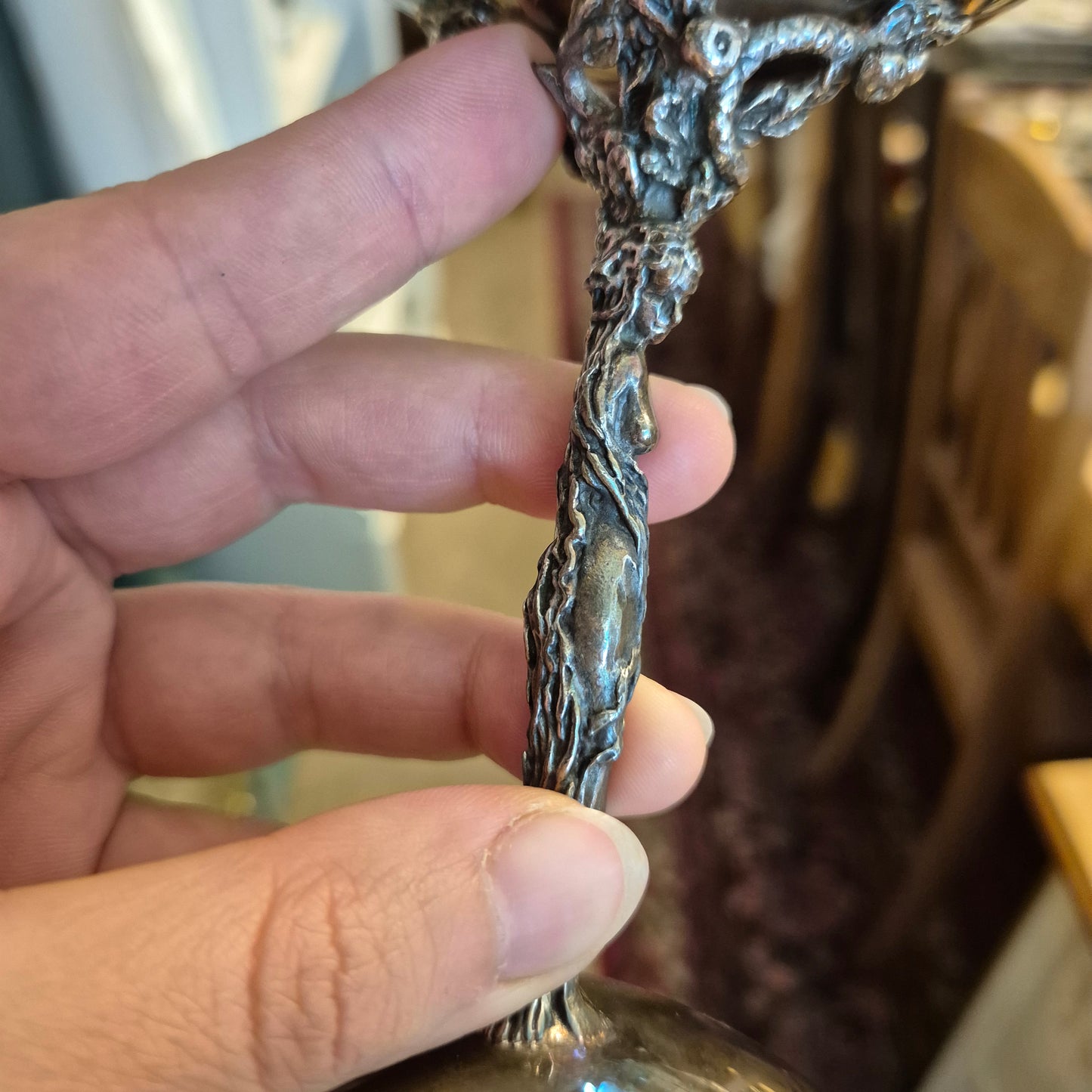 6x Dekorative Jugendstil Champagner Metallkelche versilbert - zum aufpolieren! "Eva mit Apfelbaum"
