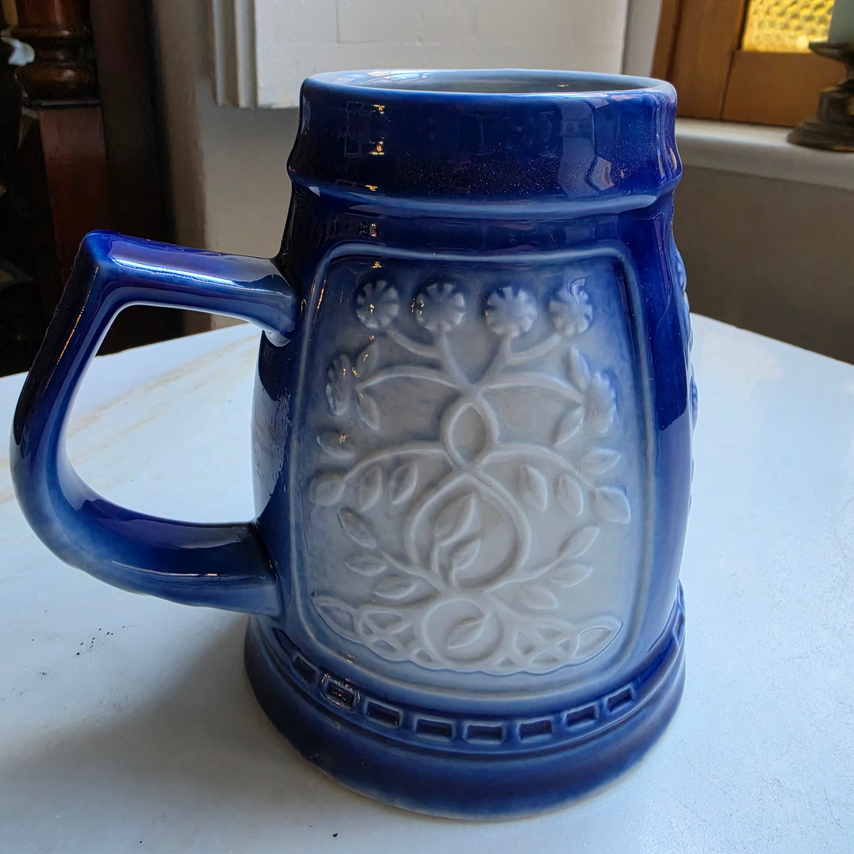 Vintage Keramik Bierkrug oder auch Vase Geschenk blau weiß