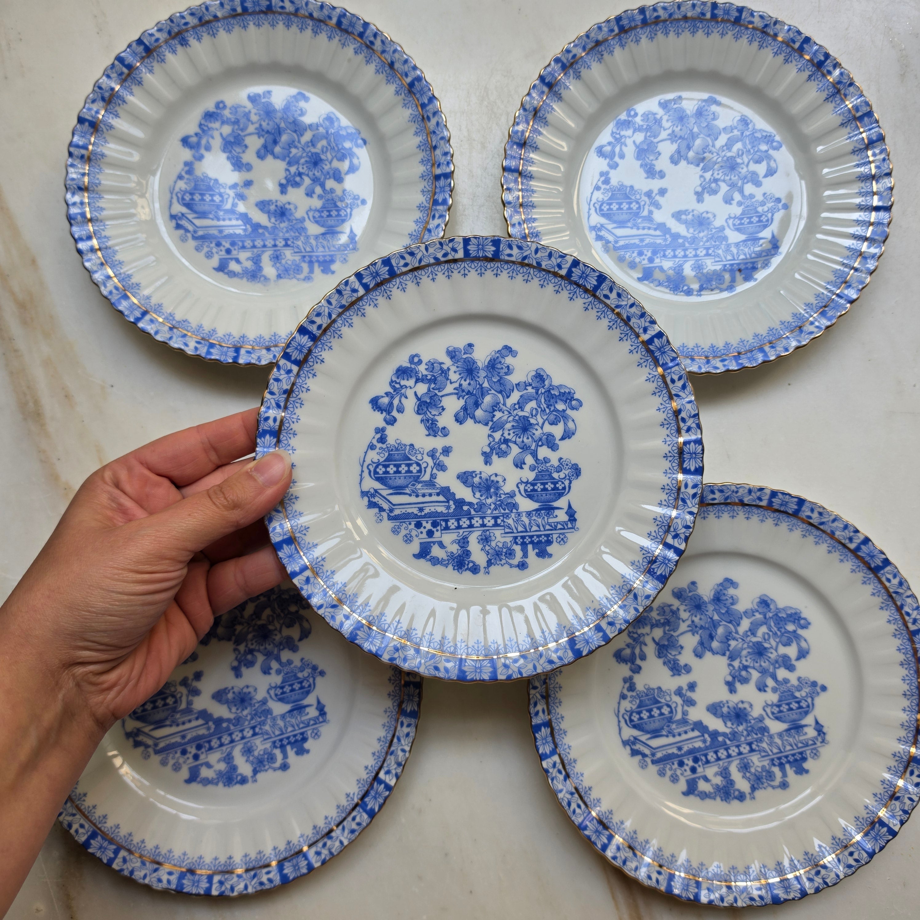 5x Antike Kuchenteller Echt Tuppack China Blau Tiefenfurt Blau Weiß & Rosslau