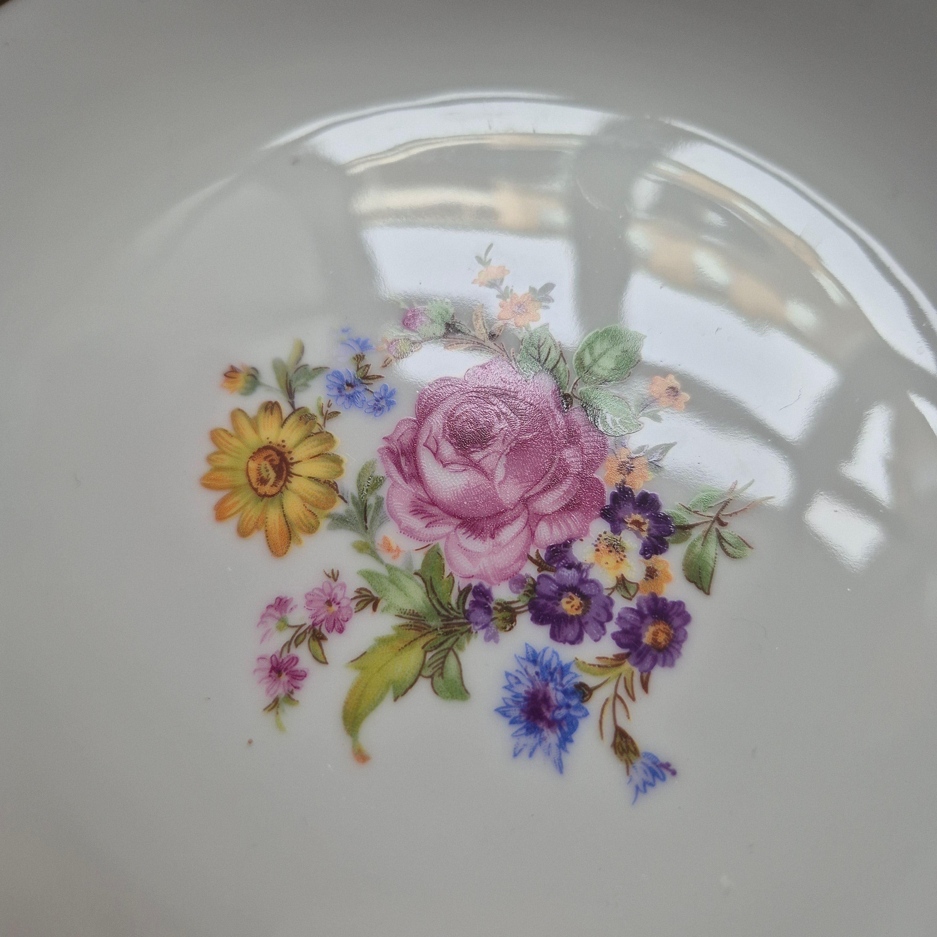 6x Antike tiefe Speiseteller Blumendekor weiß mit lila Goldrand