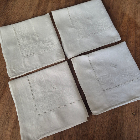 4x Antike Jugendstil Servietten mit Monogramm H.S Damast Baumwolle weiß 35x35cm