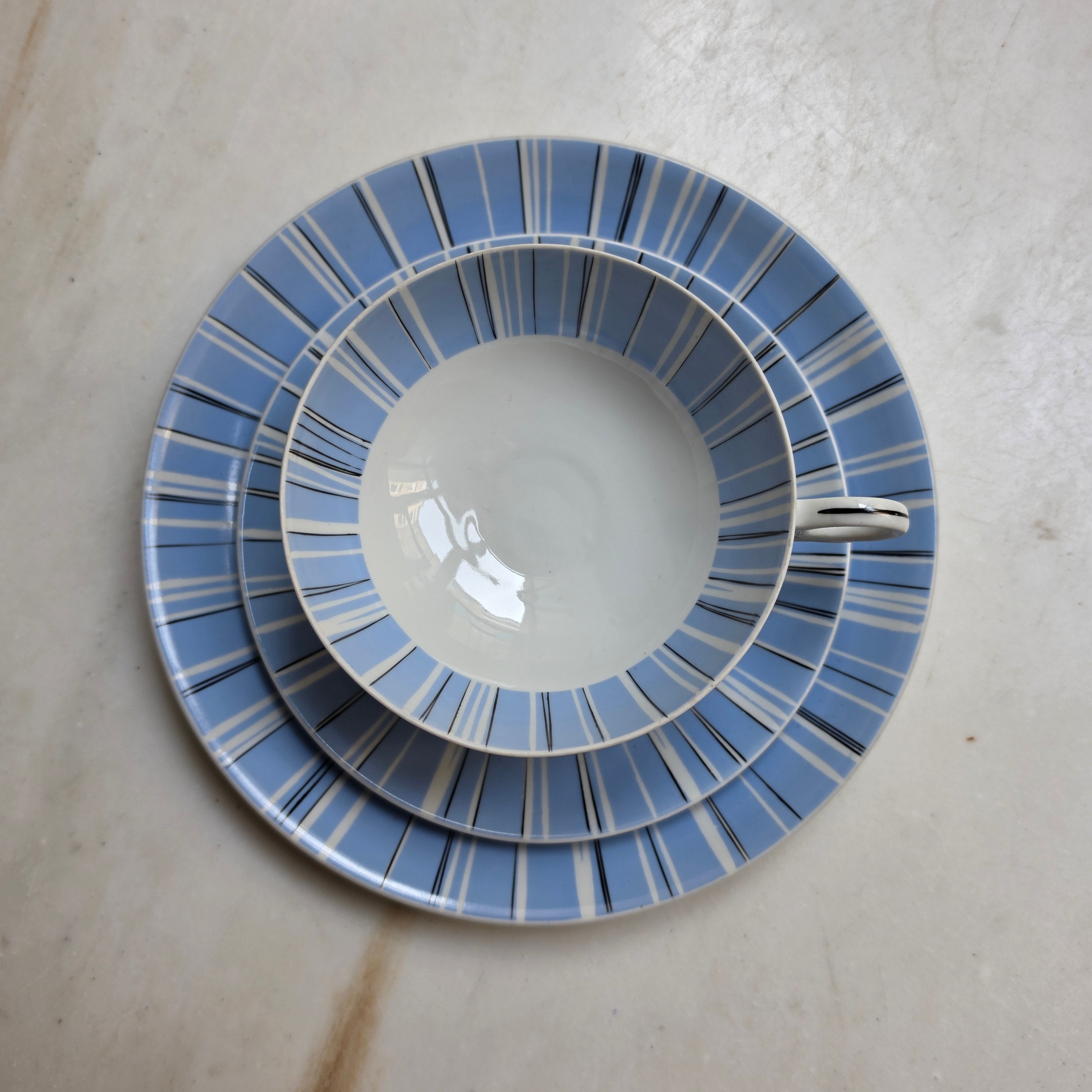 Vintage Wallendorf Porzellan Gedeck 3-teilig – 50er/60er Mid-Century Streifendekor Hellblau