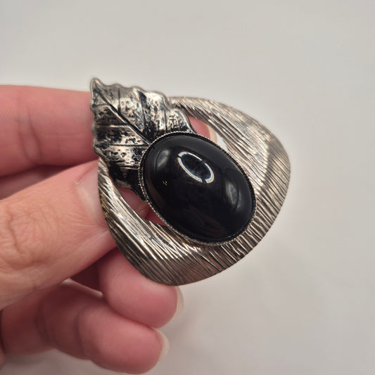 80er Jahre Vintage Brosche silberfarben schwarz Eichenblatt
