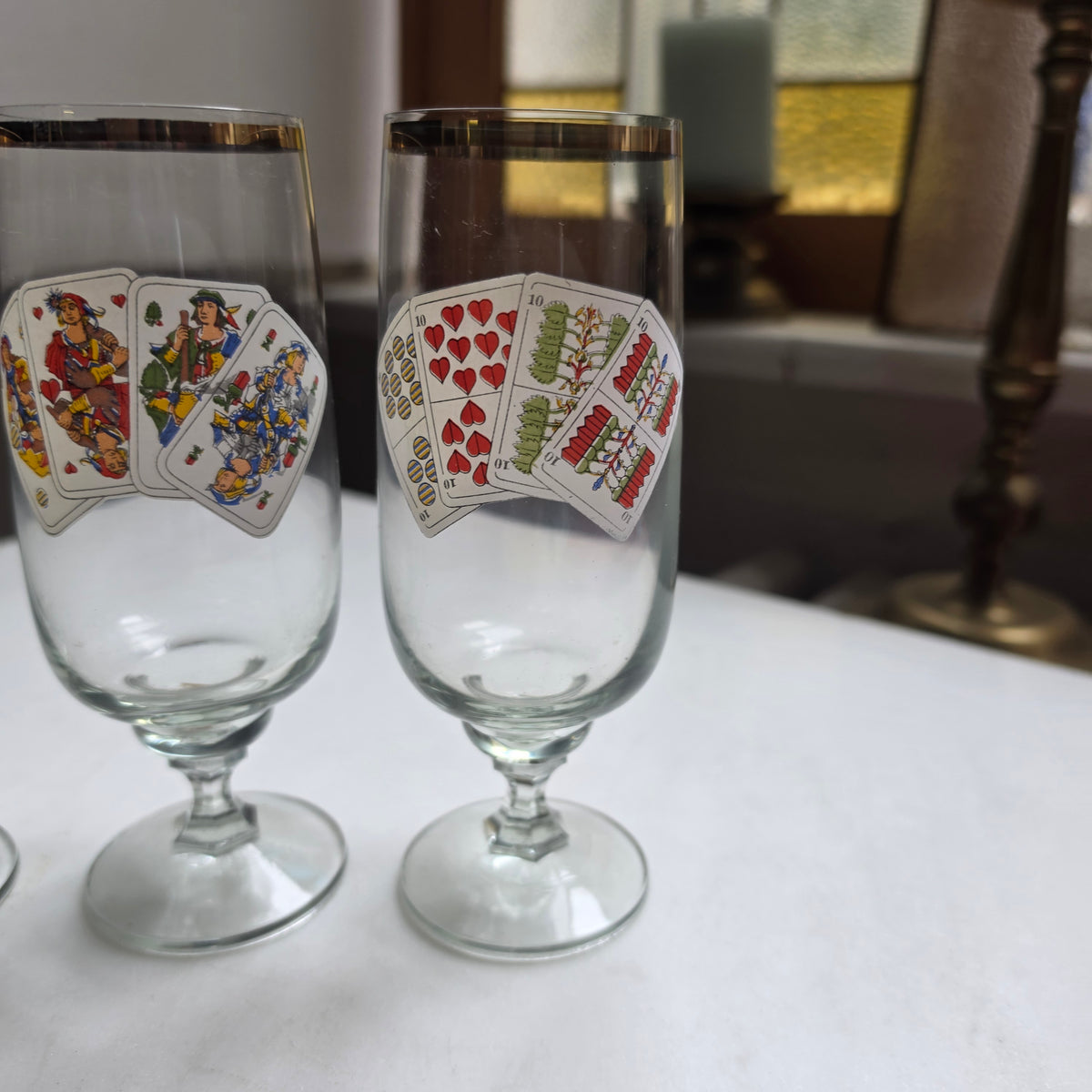 5x Vintage Sektgläser - Aperitifgläser mit Spielkarten-Motiv & Goldrand