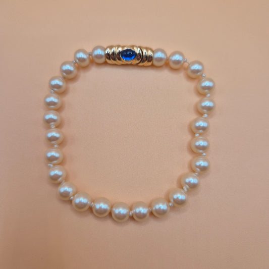 Vintage unechtes Perlenarmband mit blauem Stein 80er Jahre