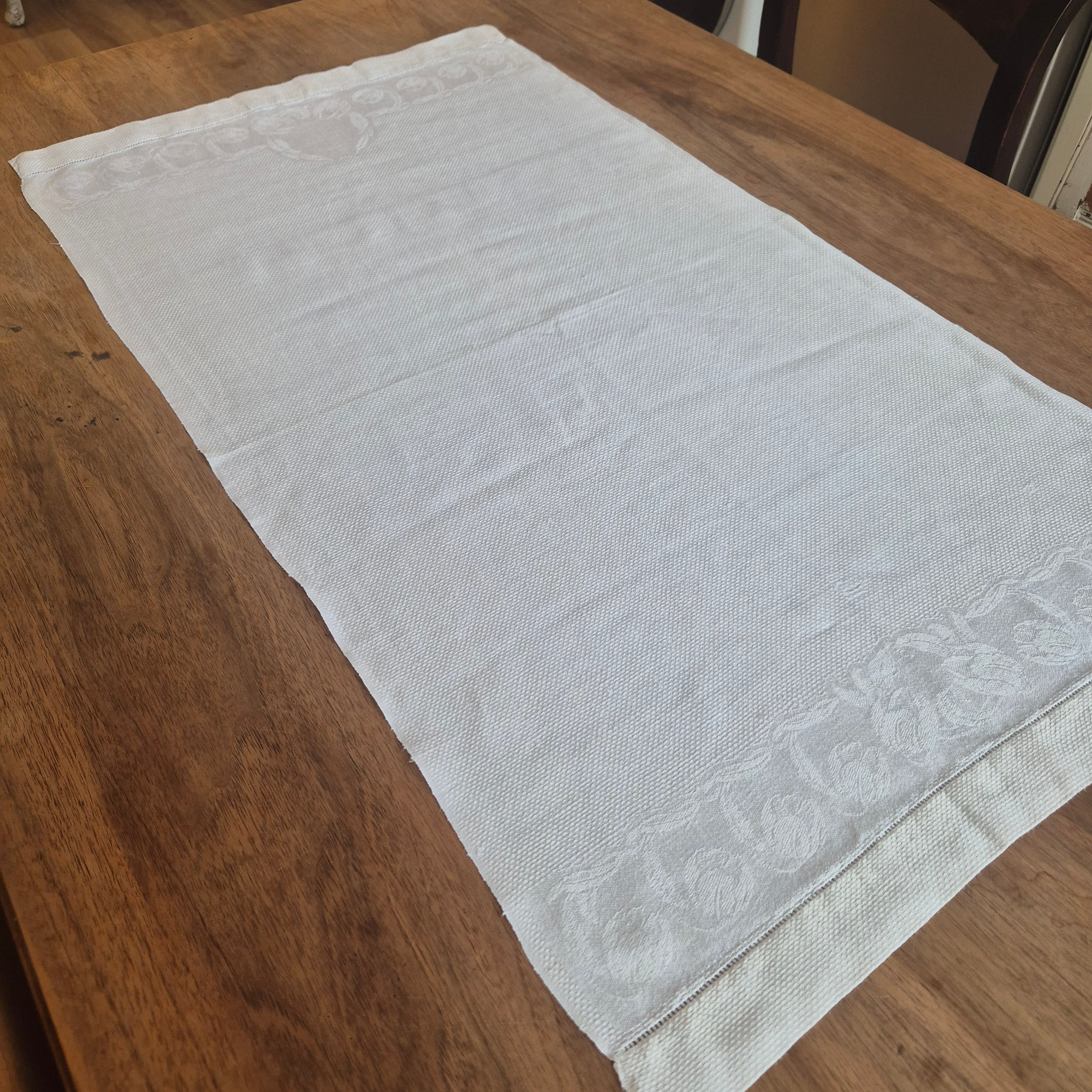 Antikes Jugendstil Küchen-&Geschirrtuch weiß Damast Baumwolle 49x90cm Tuplen