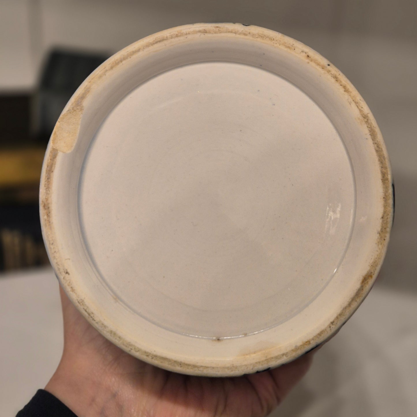 Antike H.H & Cie Delft Vorratsdose ohne Deckel blau weiß 120Jahre alt Kochlöffelhalter Aufschrift "Bohnen"