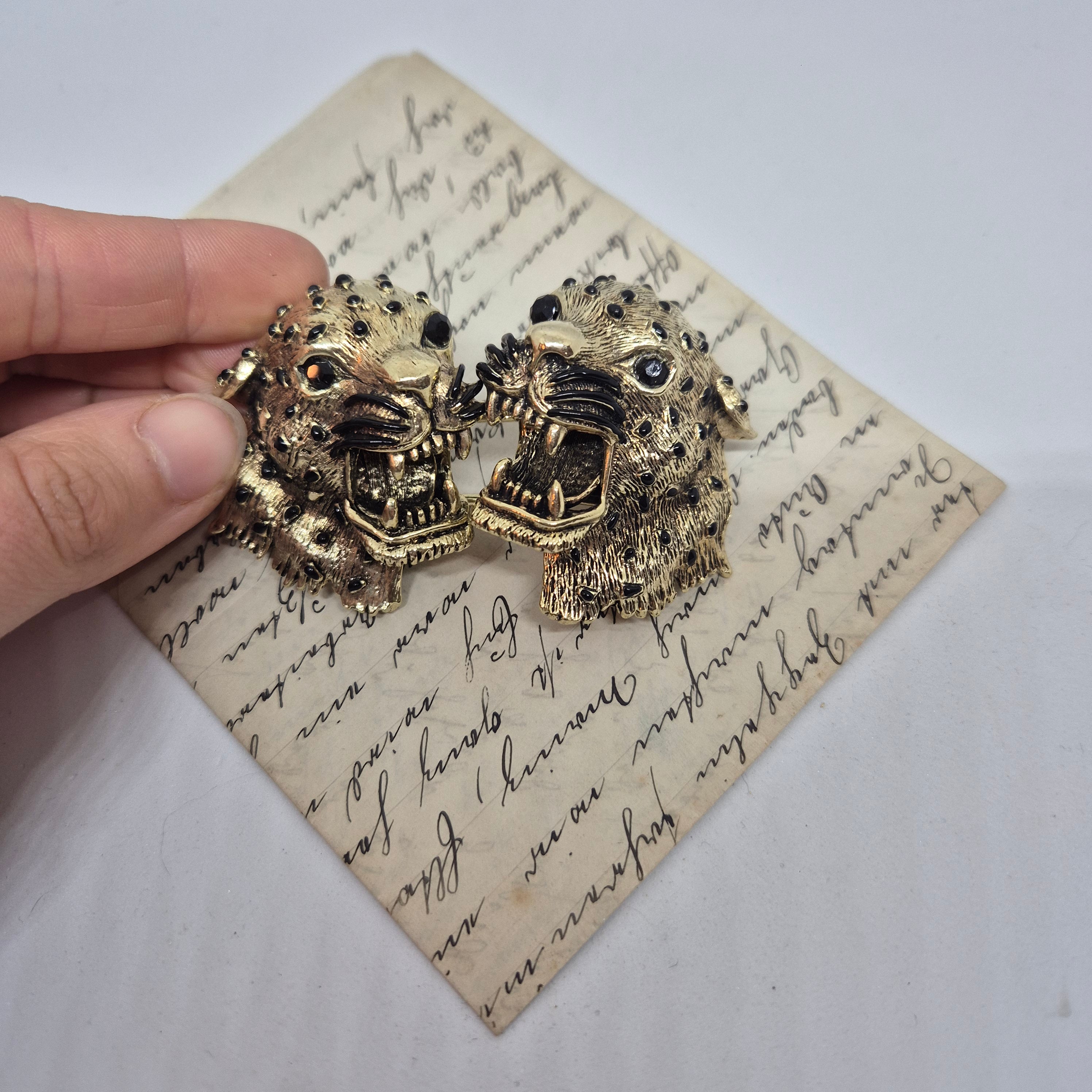 Vintage Gürtelschnalle 2-Teilig Trachtenschnalle Taillengürtel aus den 80ern-Handmade aus Berlin gold schwarz Gepard Leoparden Kopf