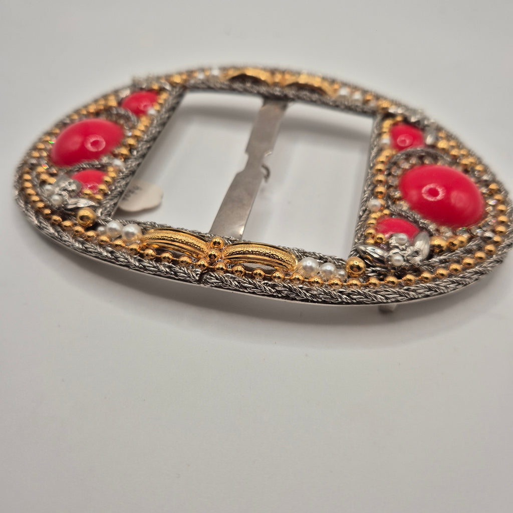 Große Vintage 80er Jahre Gürtelschnalle Oval Handmade rot schwarz gold