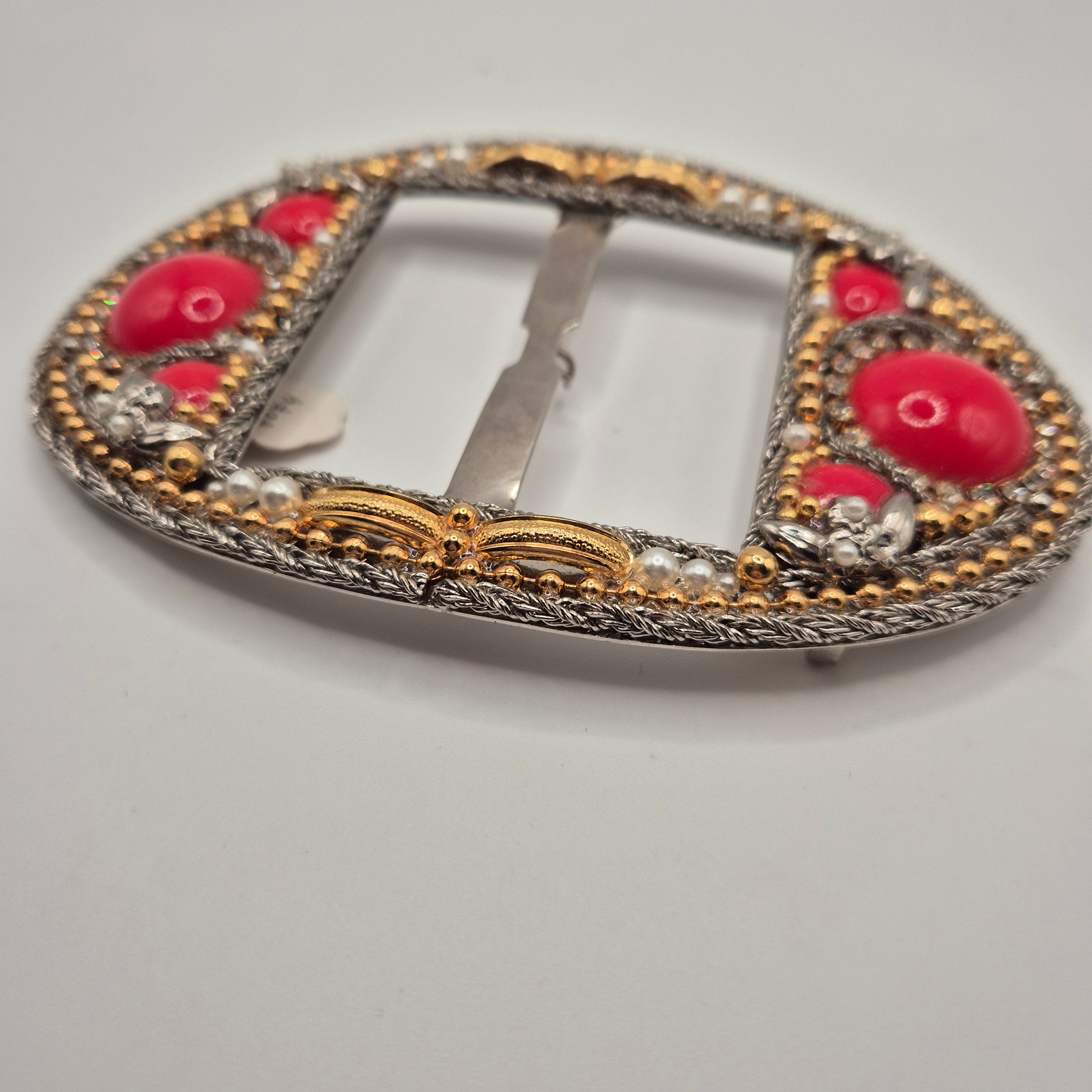 Große Vintage 80er Jahre Gürtelschnalle Oval Handmade rot schwarz gold
