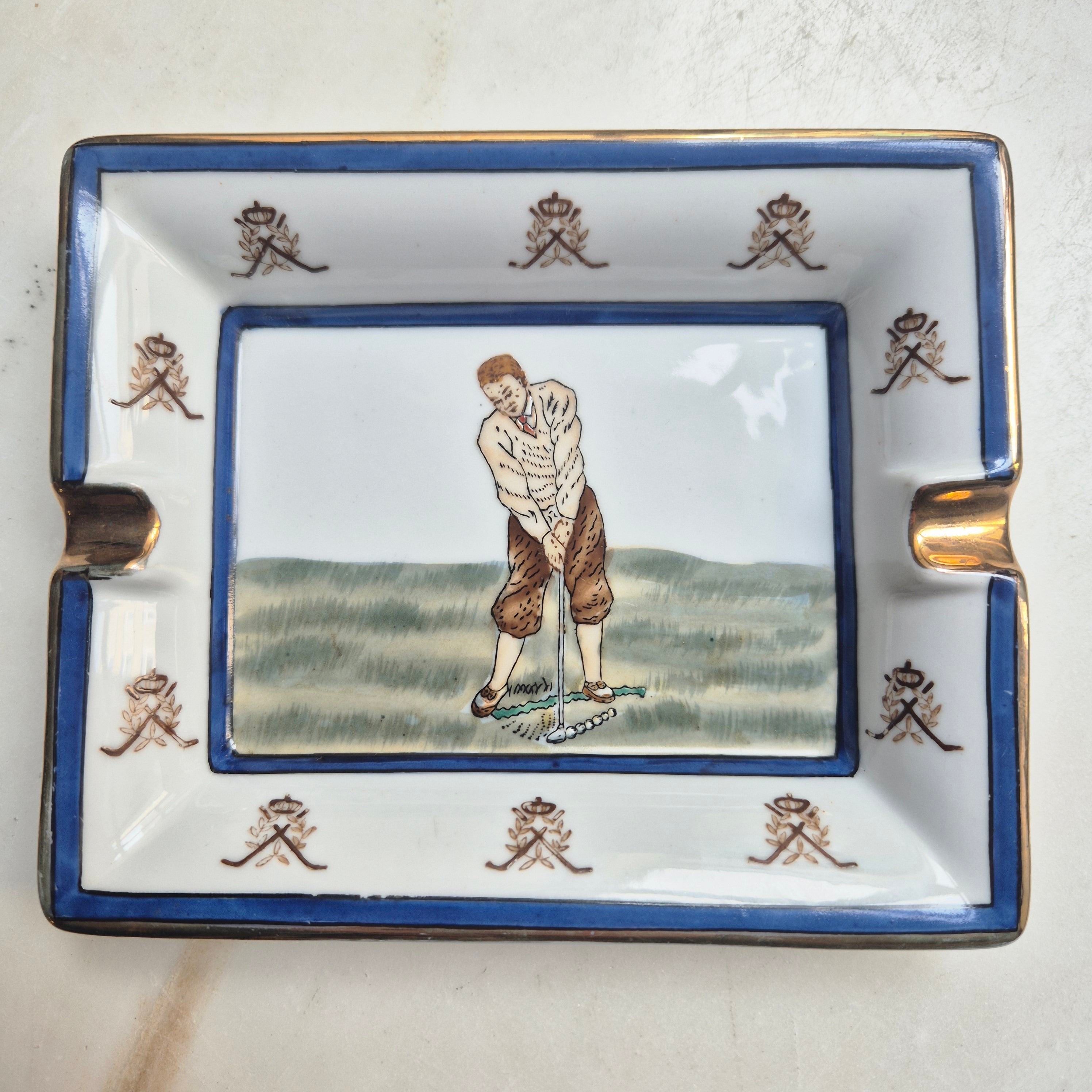 Retro Porzellan Aschenbecher mit Golfspielermotiv