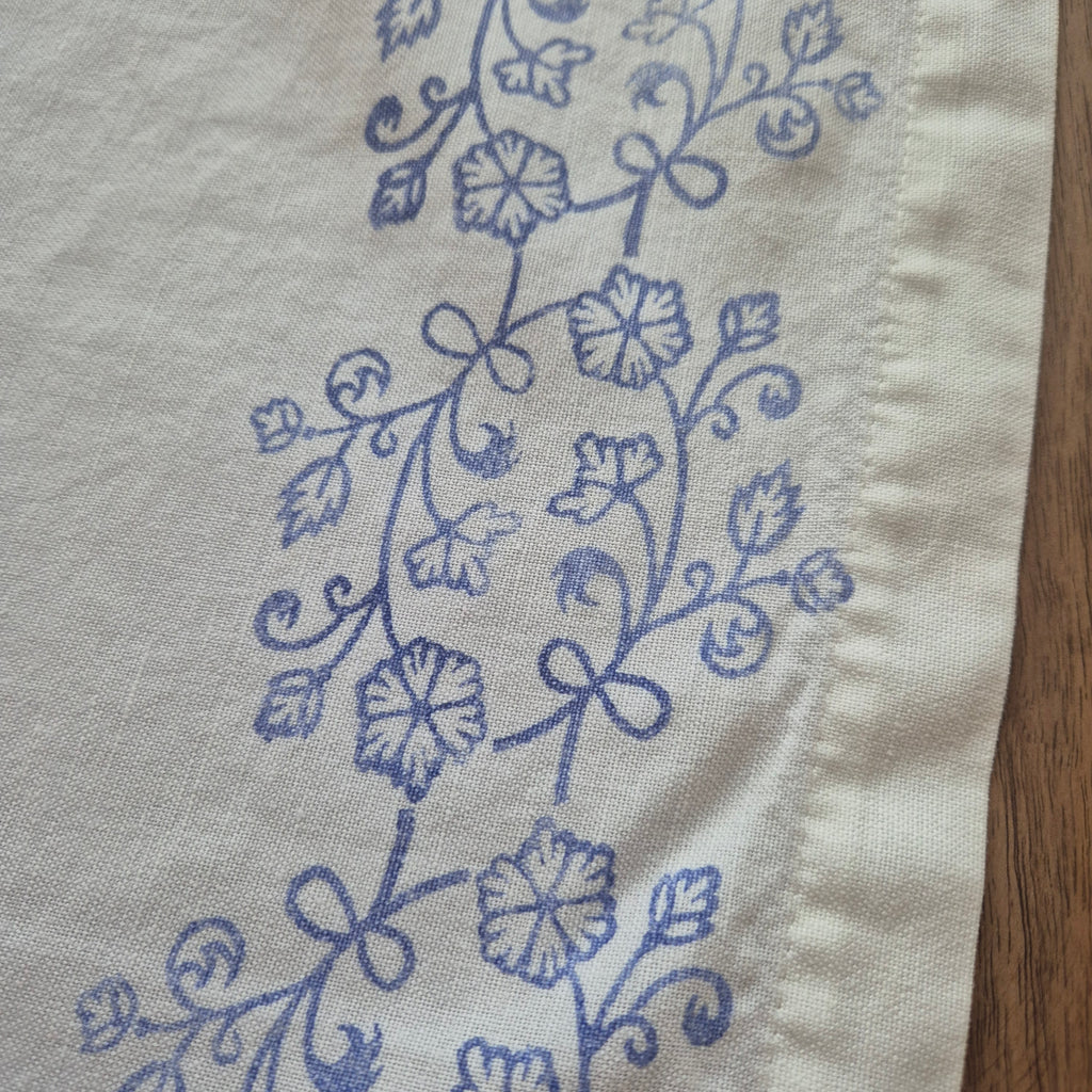 Vintage Baumwolle Gardine mit blauem Stempel Muster rechte Seite 115x169cm Handgemacht