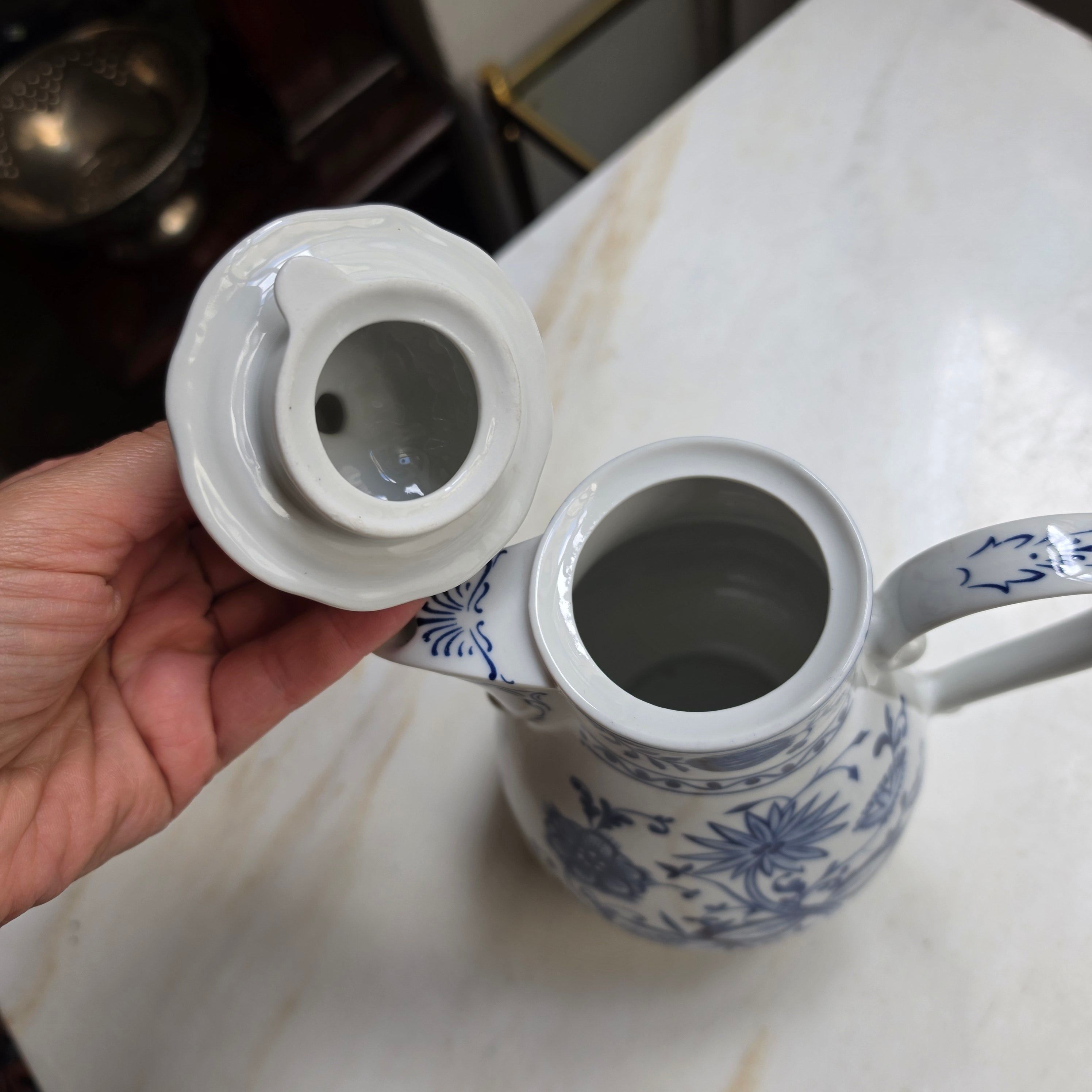 Kahla Zwiebelmuster Kaffeekanne Kanne Tee Vintage blau weiß