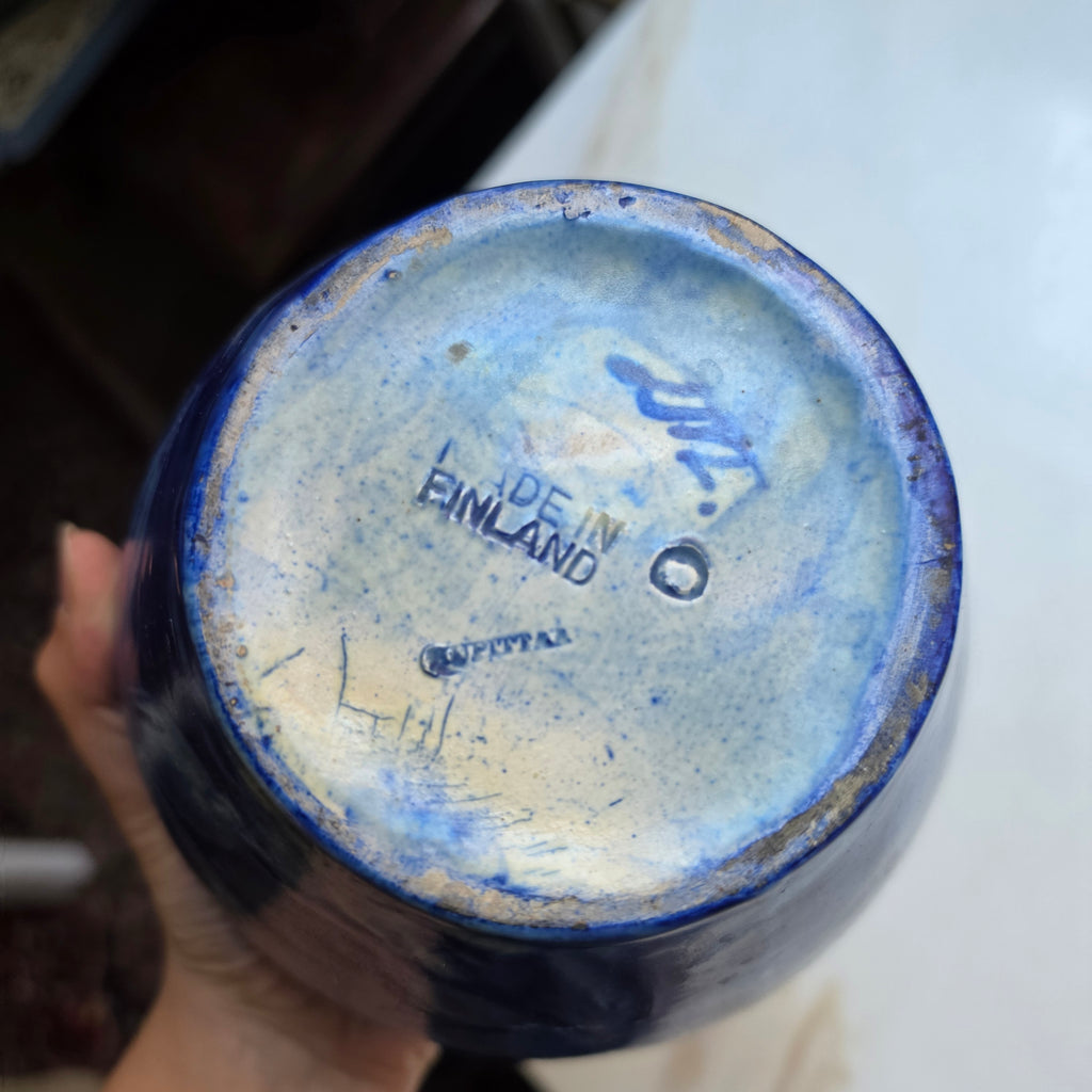 Handgemachte Keramik Vase Handmade Finnland Retro Vintage Blau Lilie