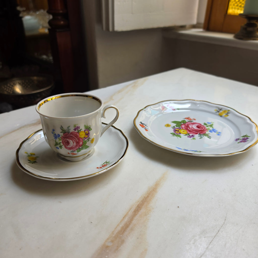 Vintage Schirnding Bavaria 3-teiliges Kaffeegedeck – Romantisches Blumendekor mit Goldrand