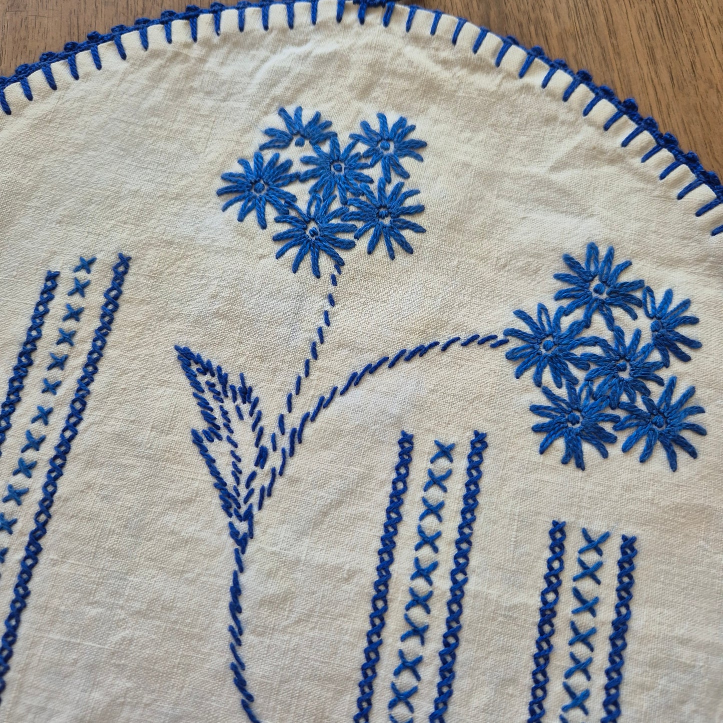 Antike handgemachte Vintage Teehaube Baumwolle/Leinen blau weiß 35x35cm Mini Stockflecken