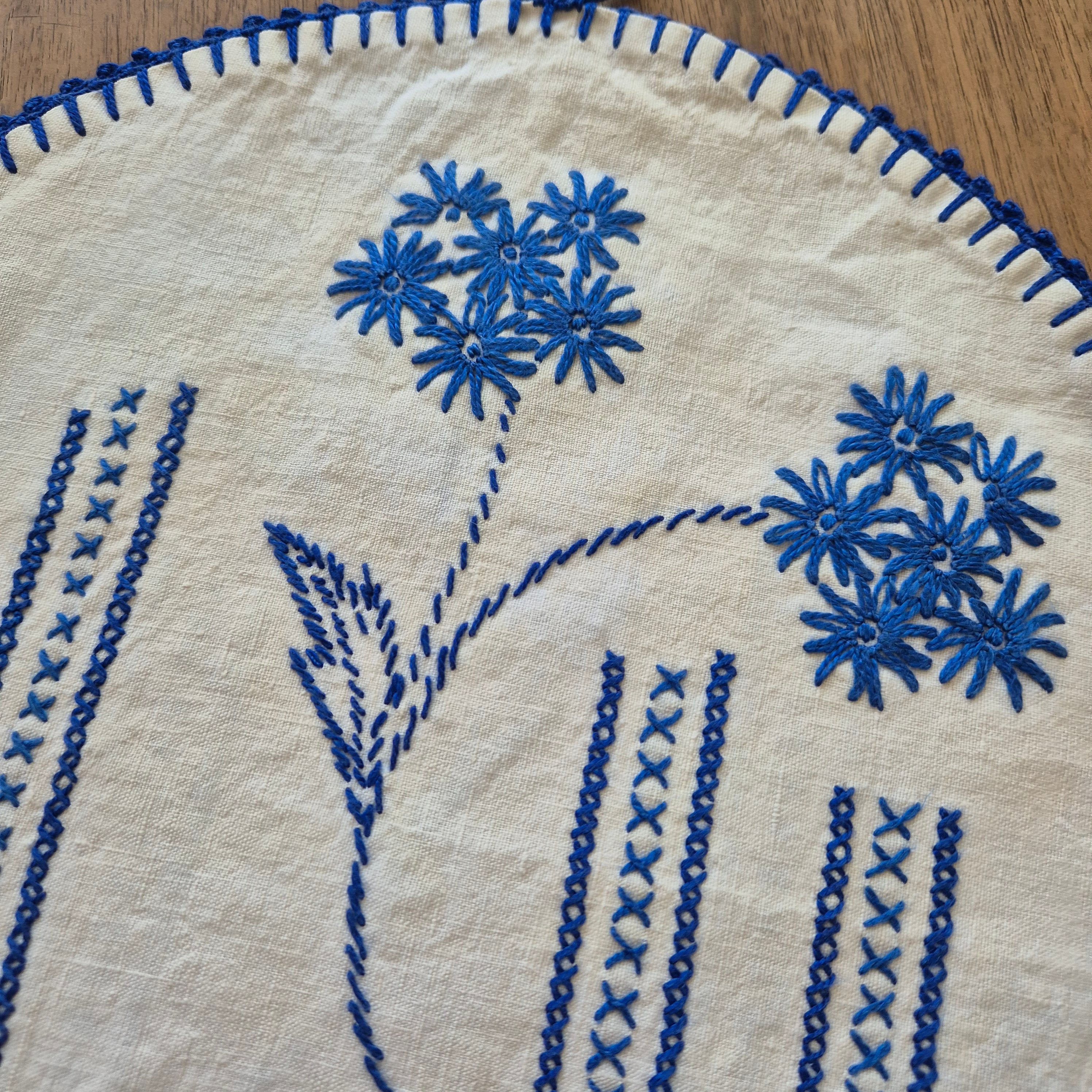 Antike handgemachte Vintage Teehaube Baumwolle/Leinen blau weiß 35x35cm Mini Stockflecken