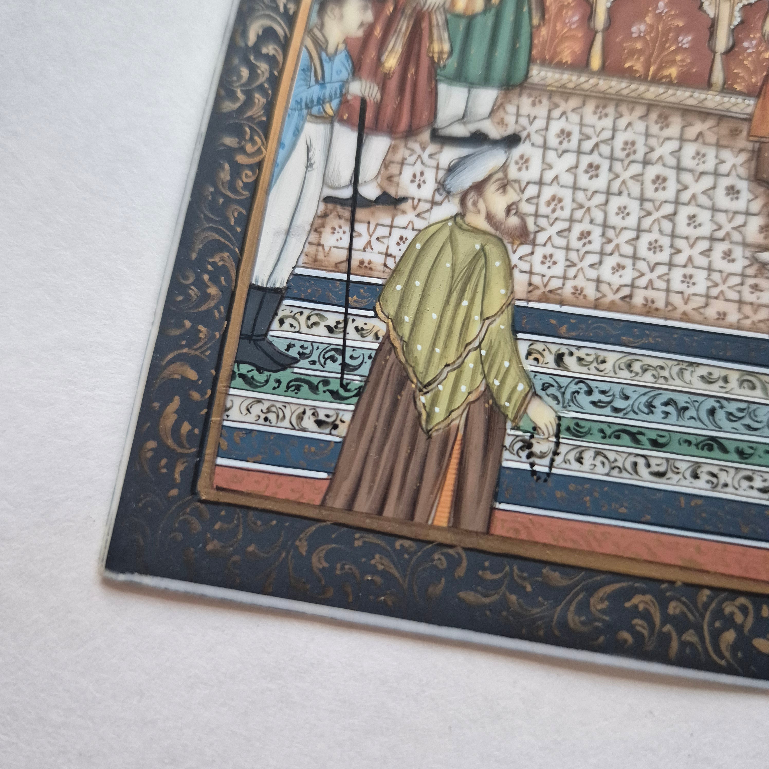 Antike Mogul Miniatur Gemälde Handarbeit König Shamjahan Taj Mahal Gericht Szene