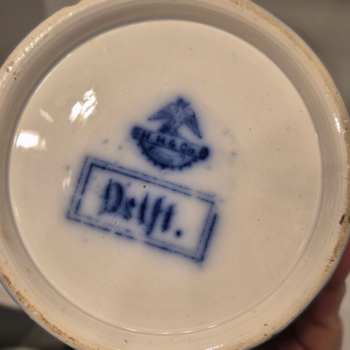 Antike H.H & Cie Delft Vorratsdose ohne Deckel blau weiß 120Jahre alt Kochlöffelhalter Aufschrift "Sago."