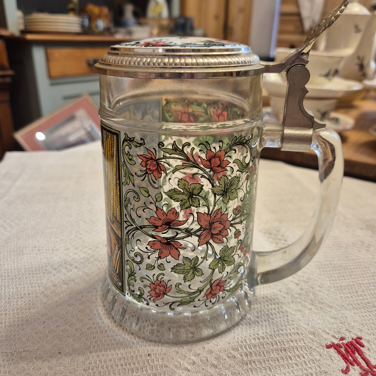 Vintage Glas Bierkrug mit Deckel Geschenk Der Schreiner Motiv